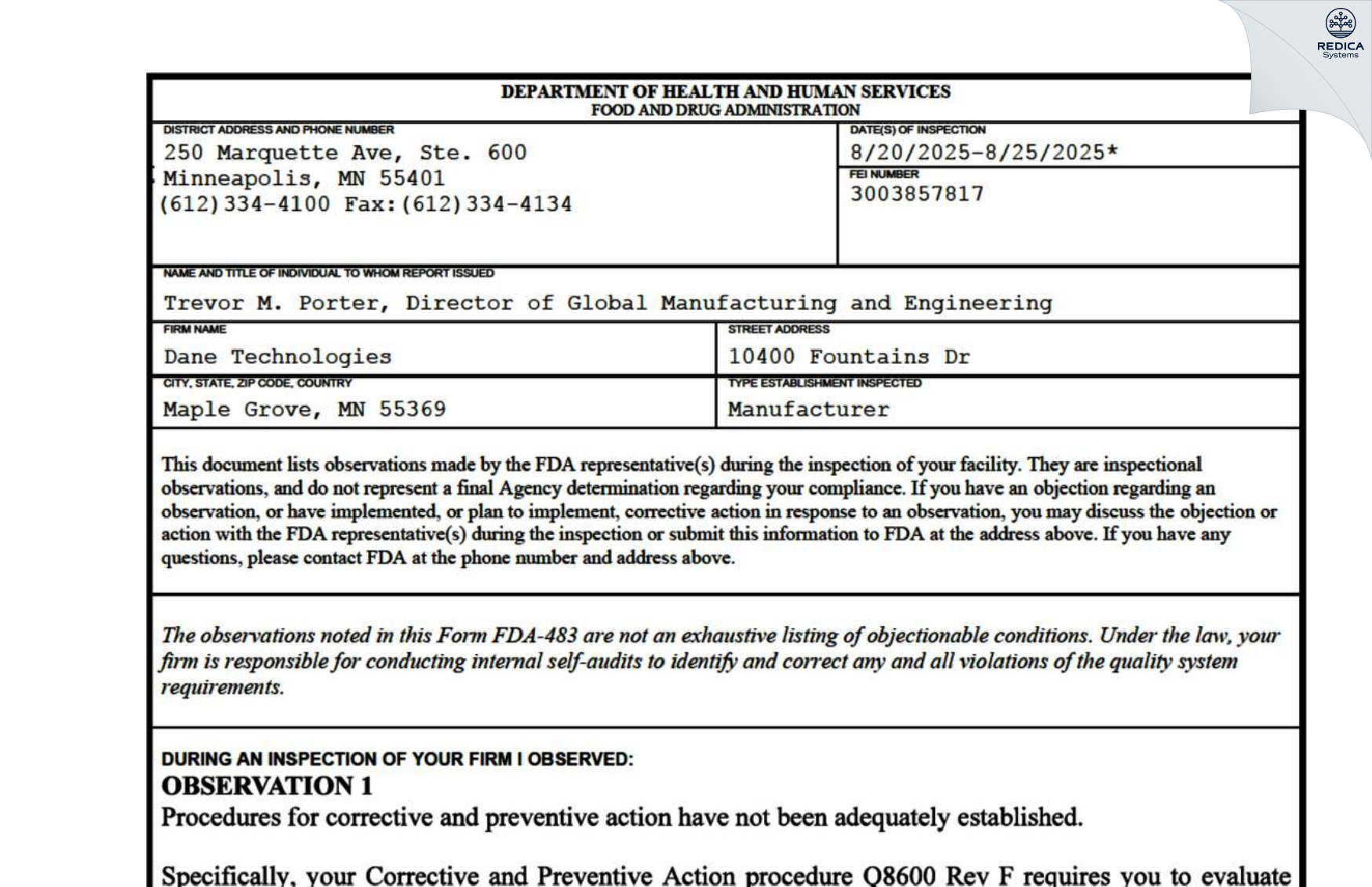 FDA 483 - Dane Technologies [Maple Grove / United States of America] - Download PDF - Redica Systems