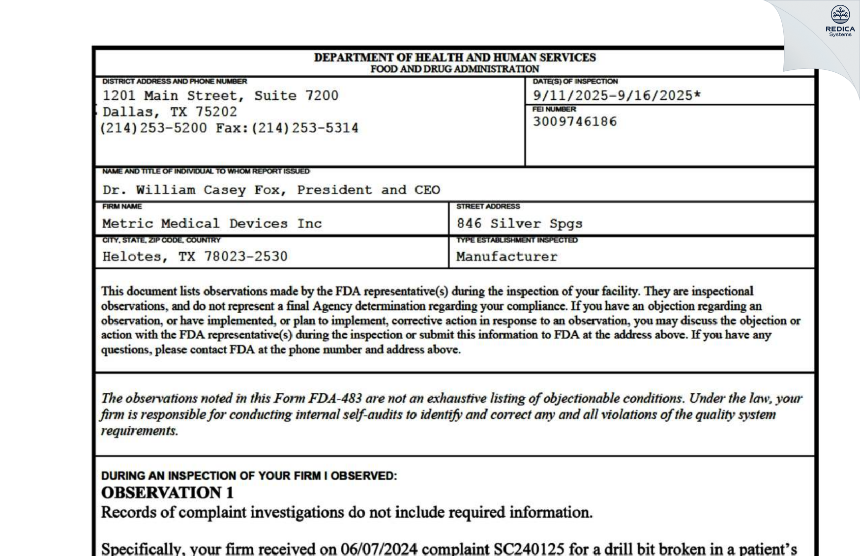 FDA 483 - Metric Medical Devices Inc [Helotes / United States of America] - Download PDF - Redica Systems