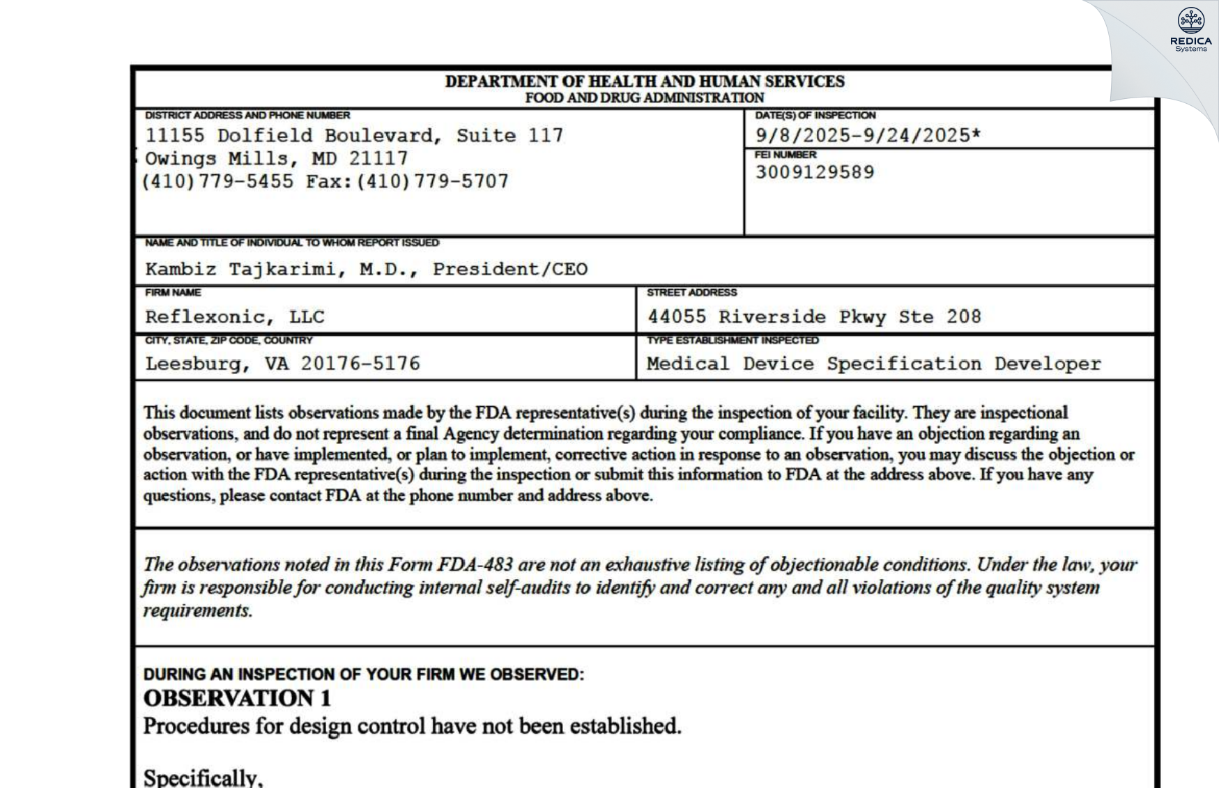 FDA 483 - Reflexonic, LLC [Leesburg / United States of America] - Download PDF - Redica Systems
