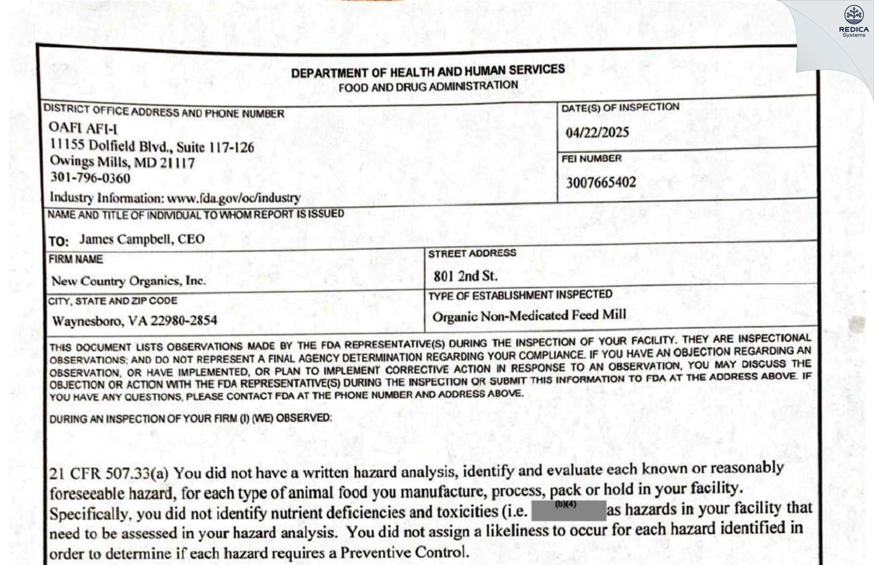 FDA 483 - Countryside Natural Products Inc [Waynesboro / United States of America] - Download PDF - Redica Systems