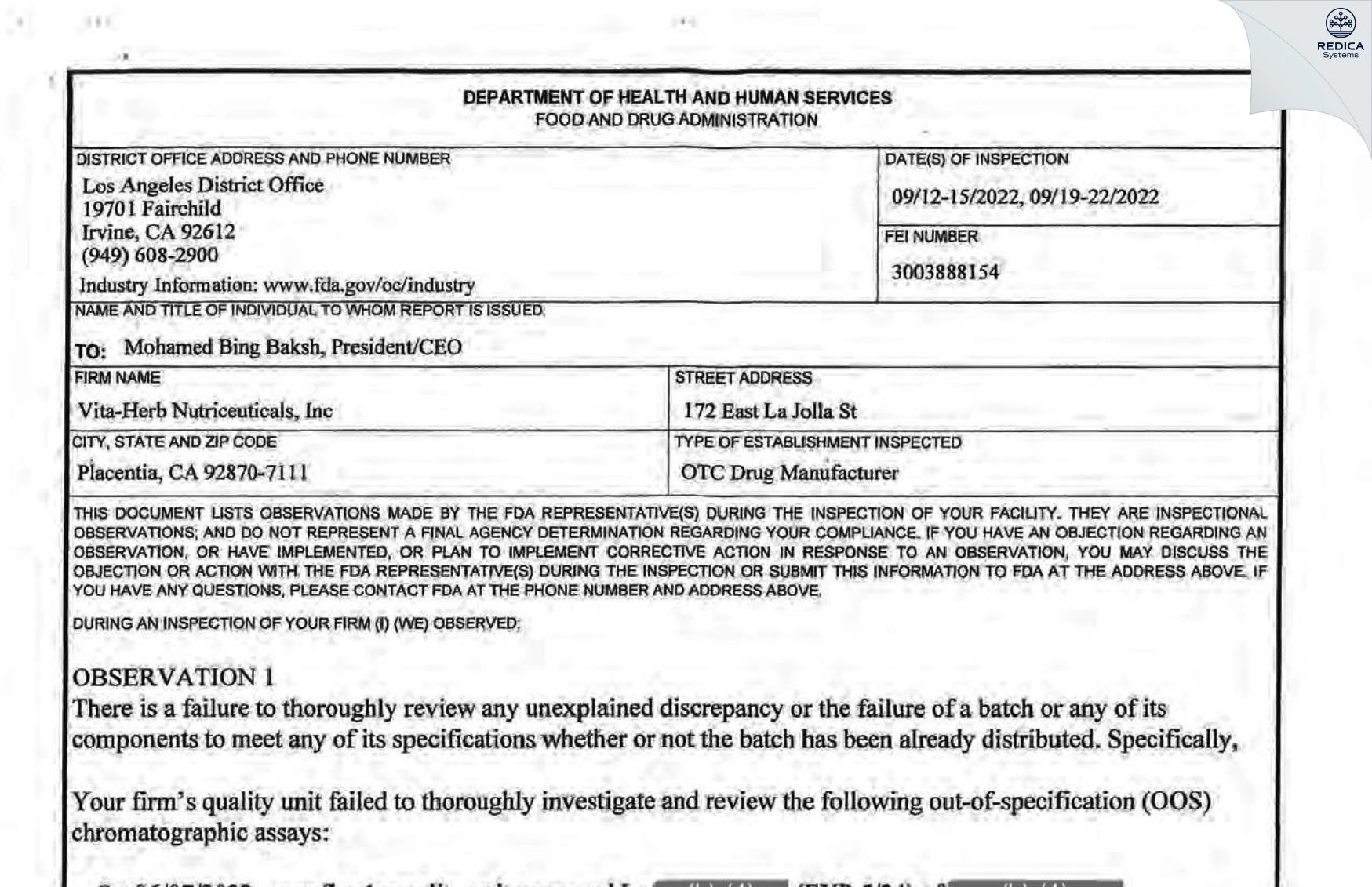 FDA 483 - Vita-Herb Nutriceuticals, Inc [Placentia / United States of America] - Download PDF - Redica Systems