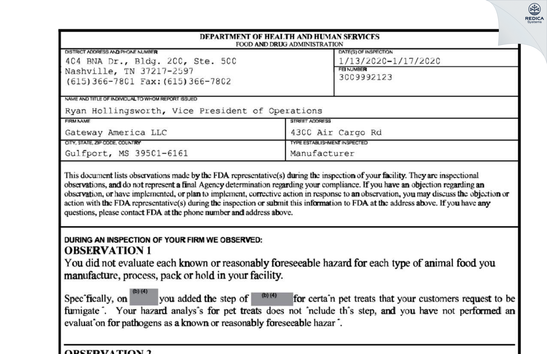 FDA 483 - Gateway America LLC [Gulfport / United States of America] - Download PDF - Redica Systems