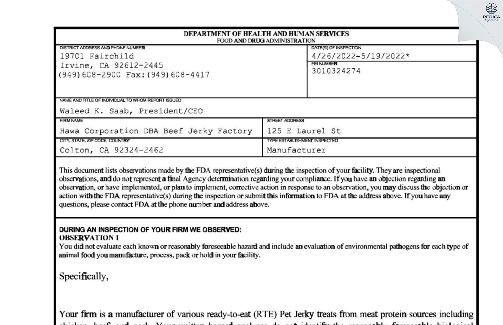 FDA 483 - Hawa Corporation DBA Beef Jerky Factory [Colton / United States of America] - Download PDF - Redica Systems