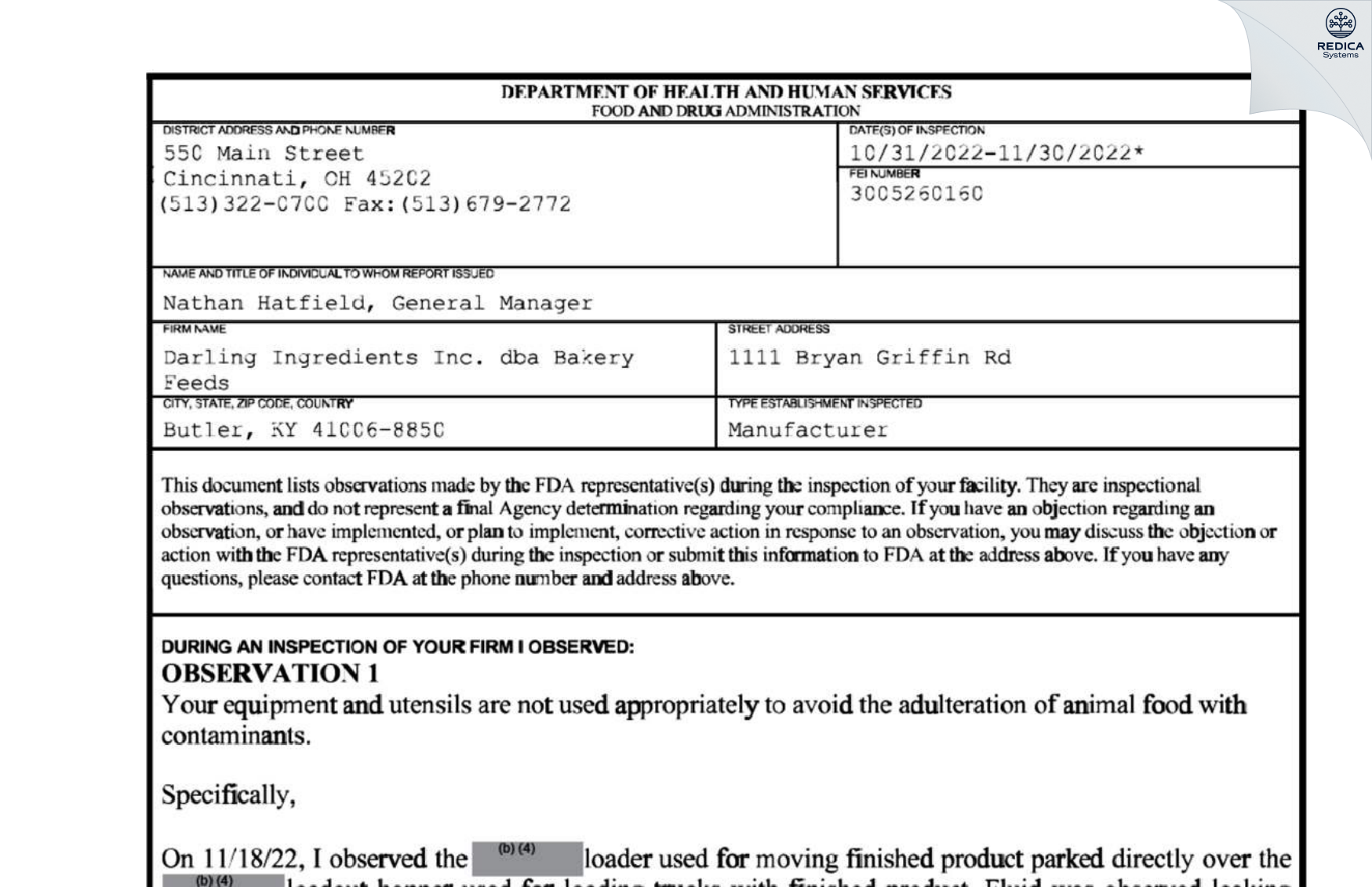 FDA 483 - Darling Ingredients Inc. dba Bakery Feeds [Butler / United States of America] - Download PDF - Redica Systems