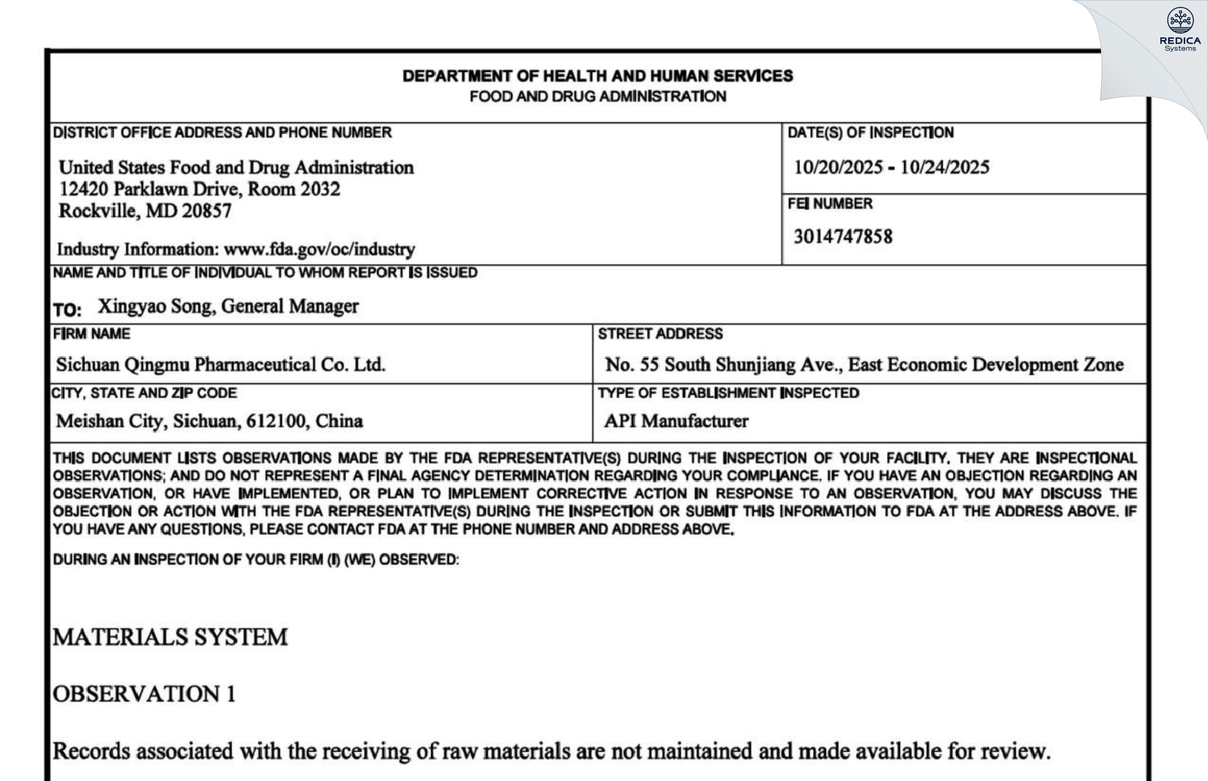 FDA 483 - Sichuan Qingmu Pharmaceutical Co., Ltd. [Meishan / China] - Download PDF - Redica Systems