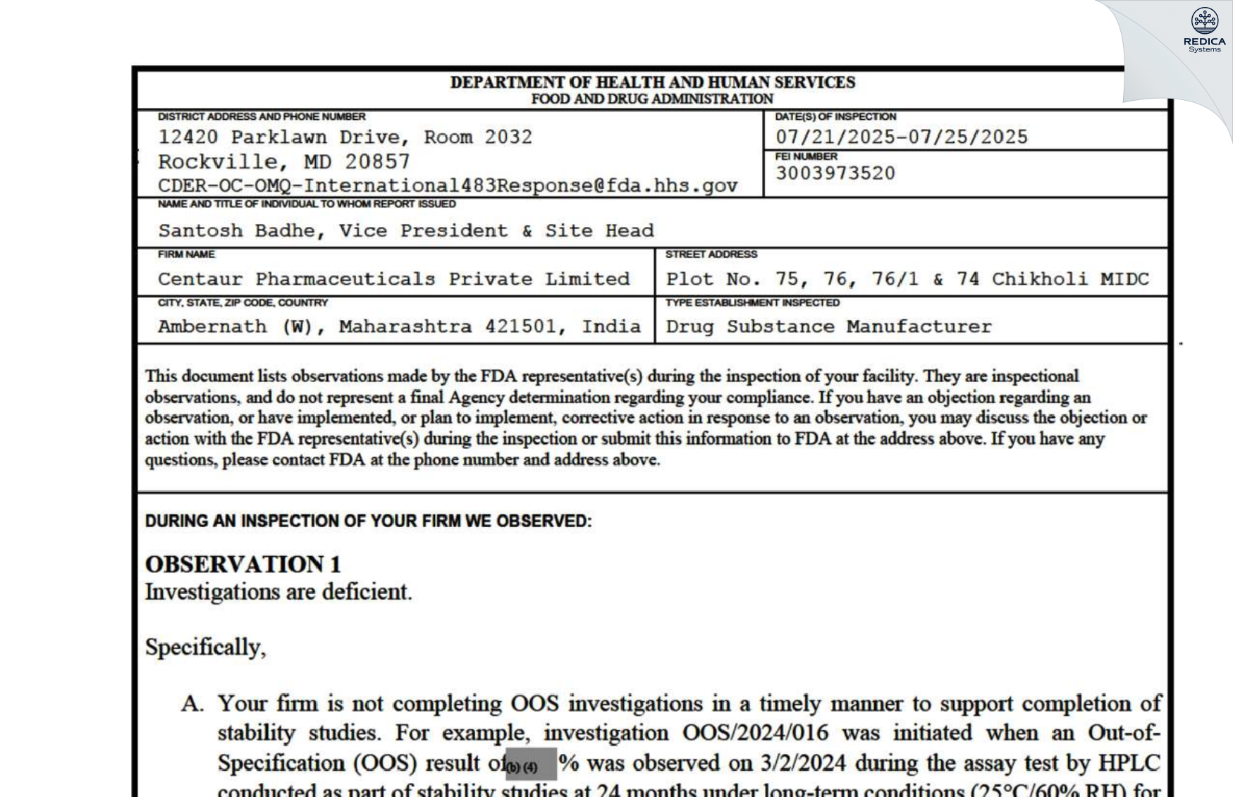 FDA 483 - Centaur Pharmaceuticals Private Limited [Kansai Gaon / India] - Download PDF - Redica Systems