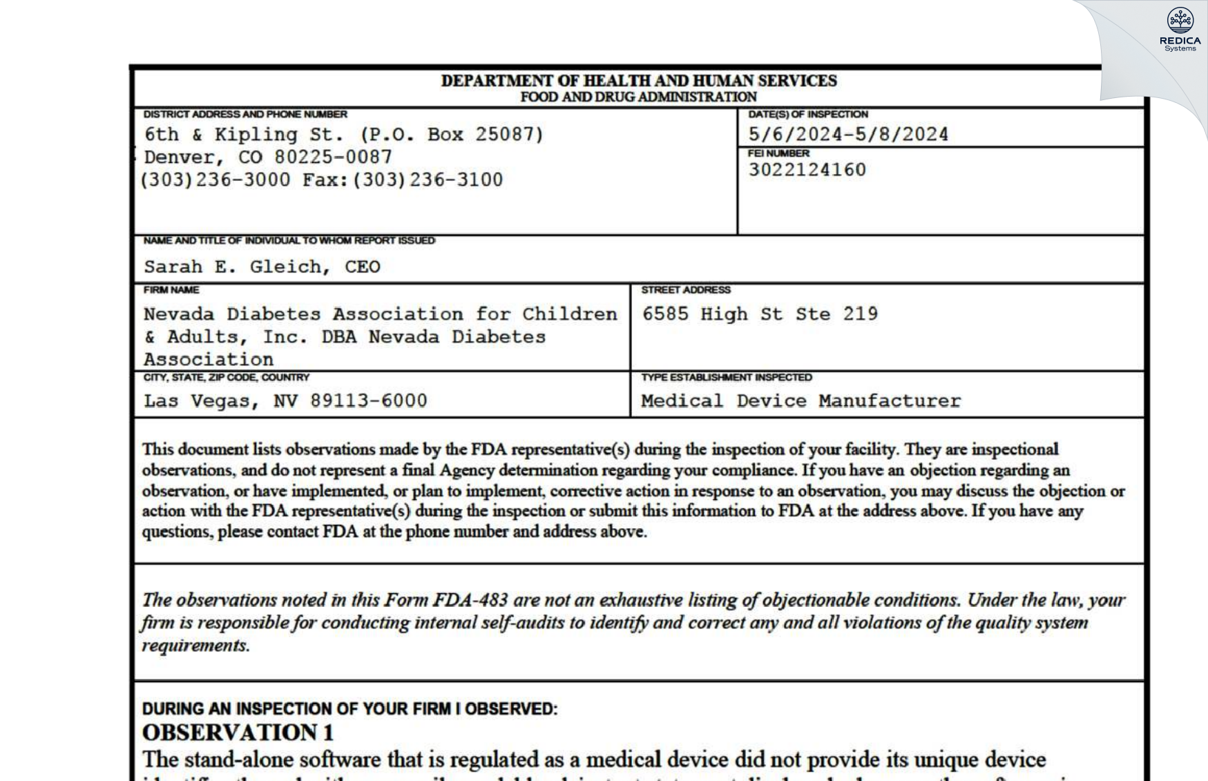 FDA 483 - Nevada Diabetes Association for Children & Adults, Inc. DBA Nevada Diabetes Association [Las Vegas / United States of America] - Download PDF - Redica Systems