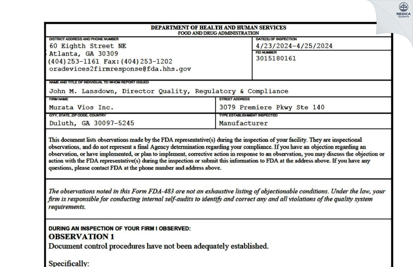 FDA 483 - Murata Vios Inc. [Duluth / United States of America] - Download PDF - Redica Systems