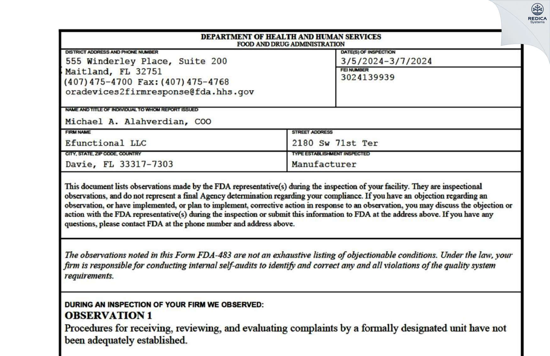 FDA 483 - Efunctional LLC [Davie / United States of America] - Download PDF - Redica Systems