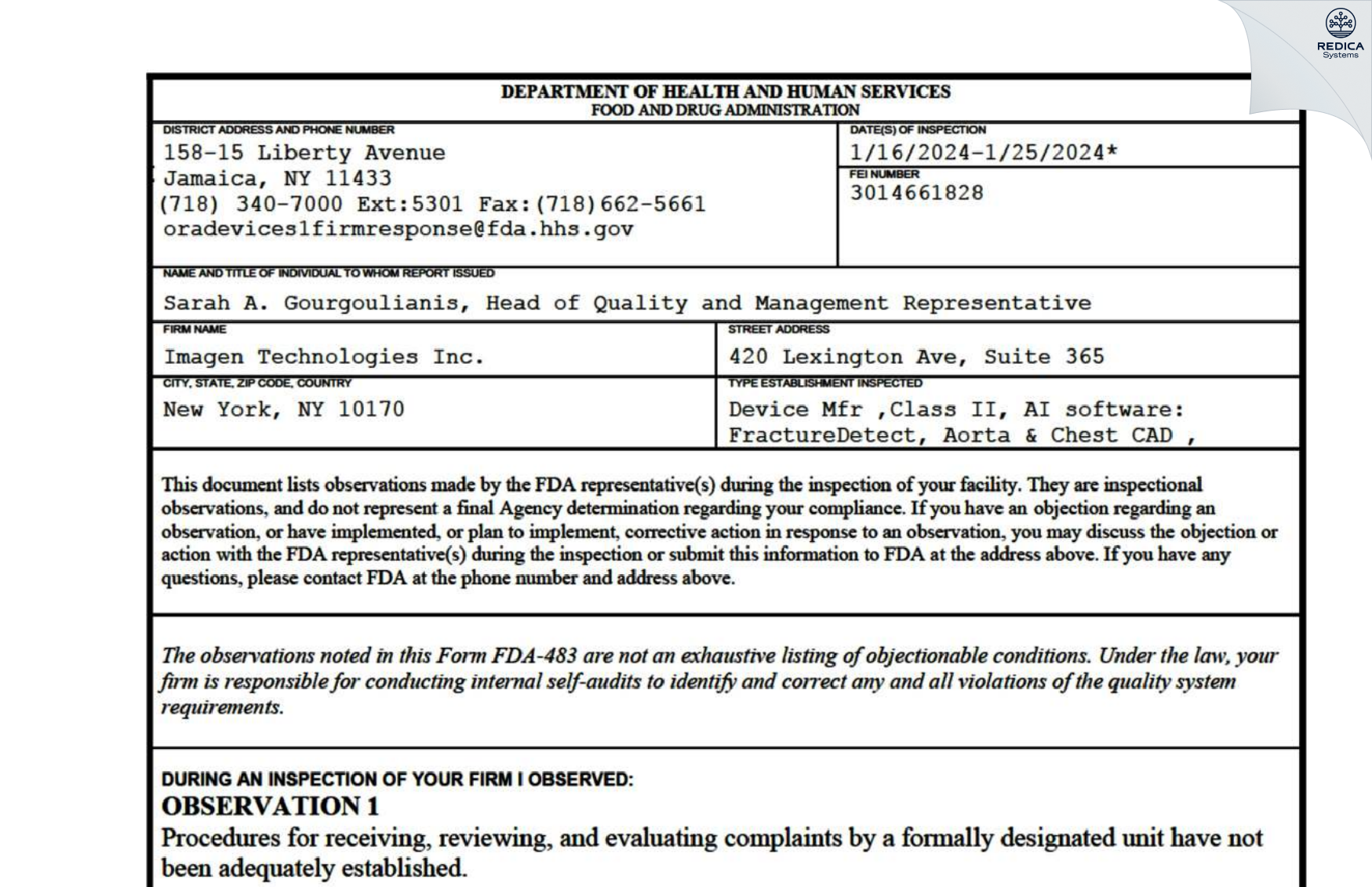 FDA 483 - Imagen Technologies Inc. [New York / United States of America] - Download PDF - Redica Systems