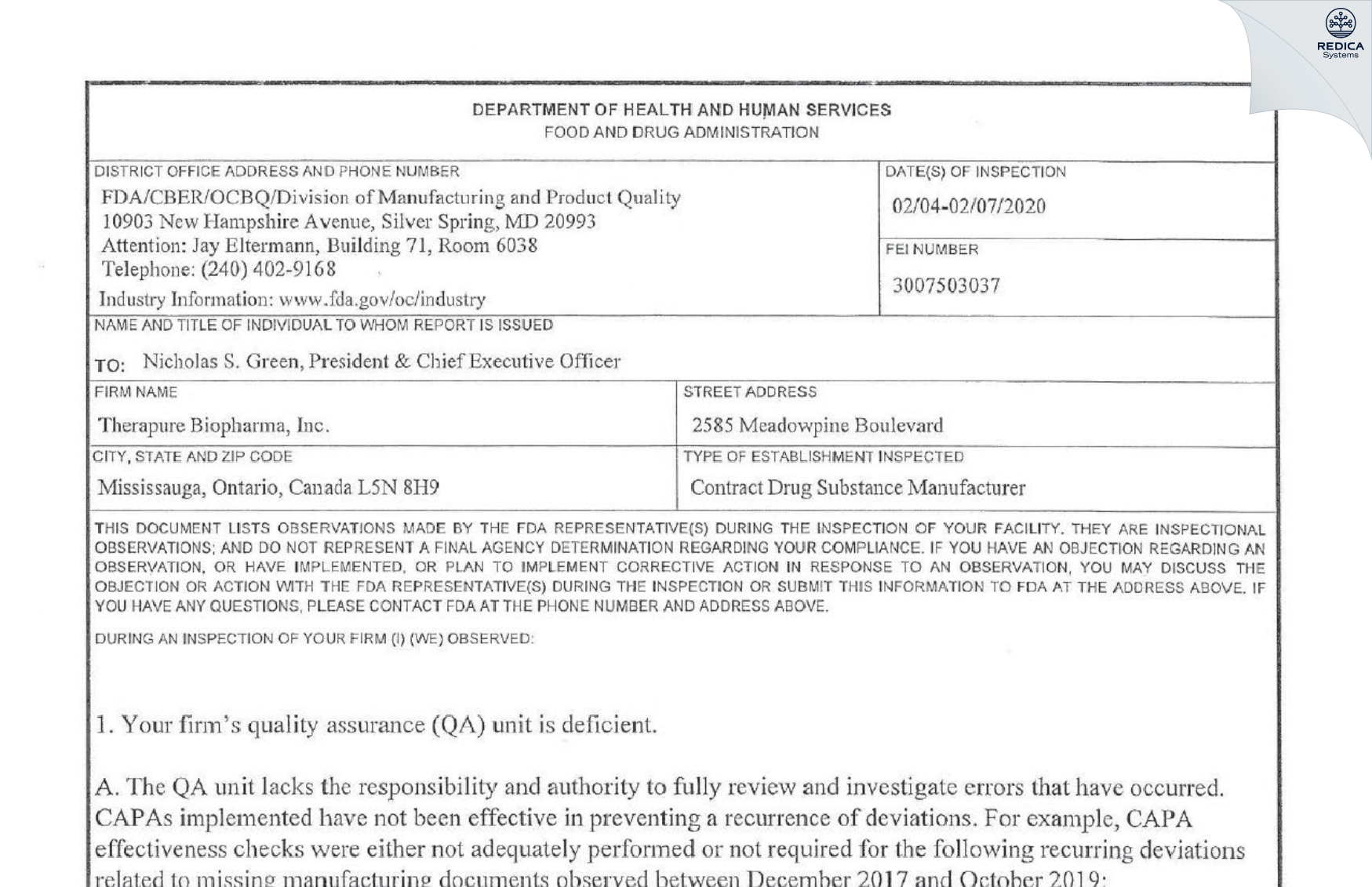 FDA 483 - Resilience Biotechnologies, Inc. [Mississauga / Canada] - Download PDF - Redica Systems