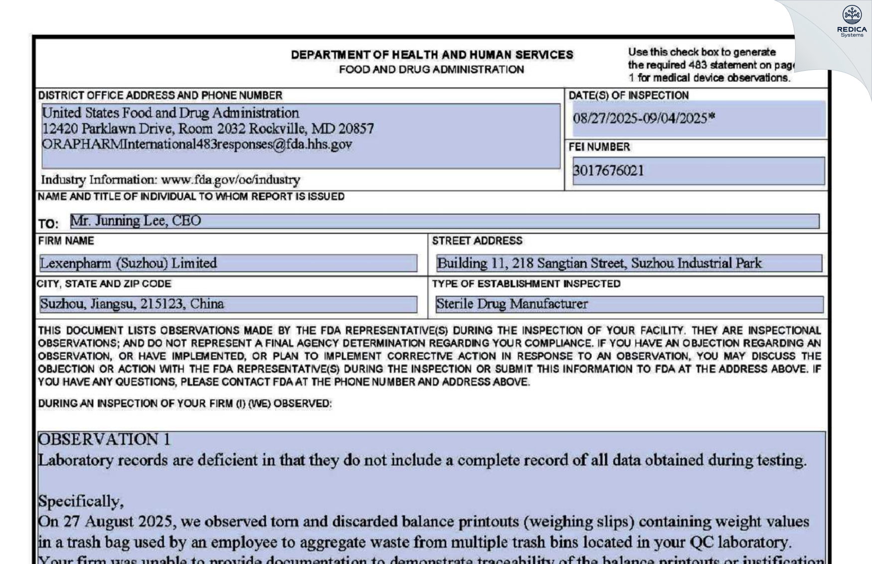 FDA 483 - Lexenpharm (Suzhou) Limited [Suzhou / China] - Download PDF - Redica Systems