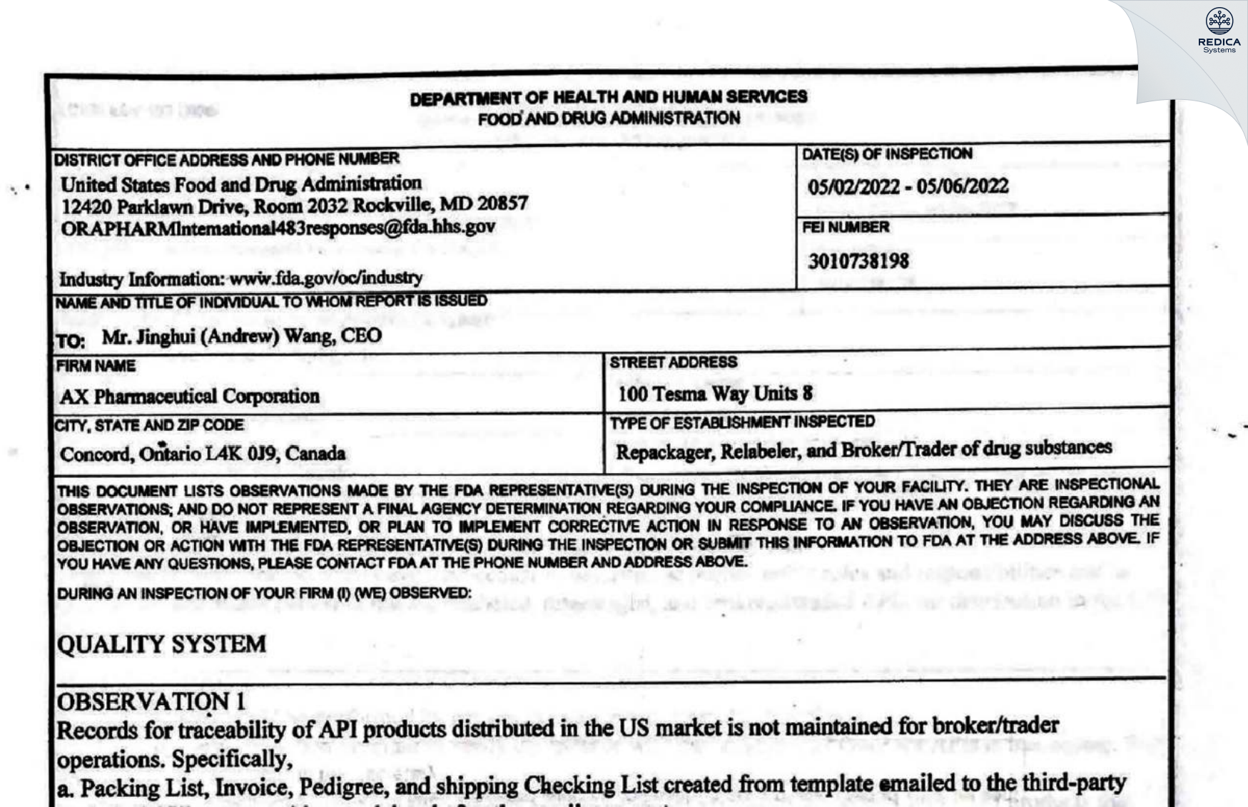 FDA 483 - AX Pharmaceutical Corp [Concord / Canada] - Download PDF - Redica Systems