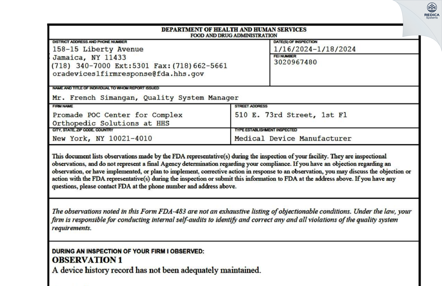 FDA 483 - Promade POC Center for Complex Orthopedic Solutions at HHS [New York / United States of America] - Download PDF - Redica Systems