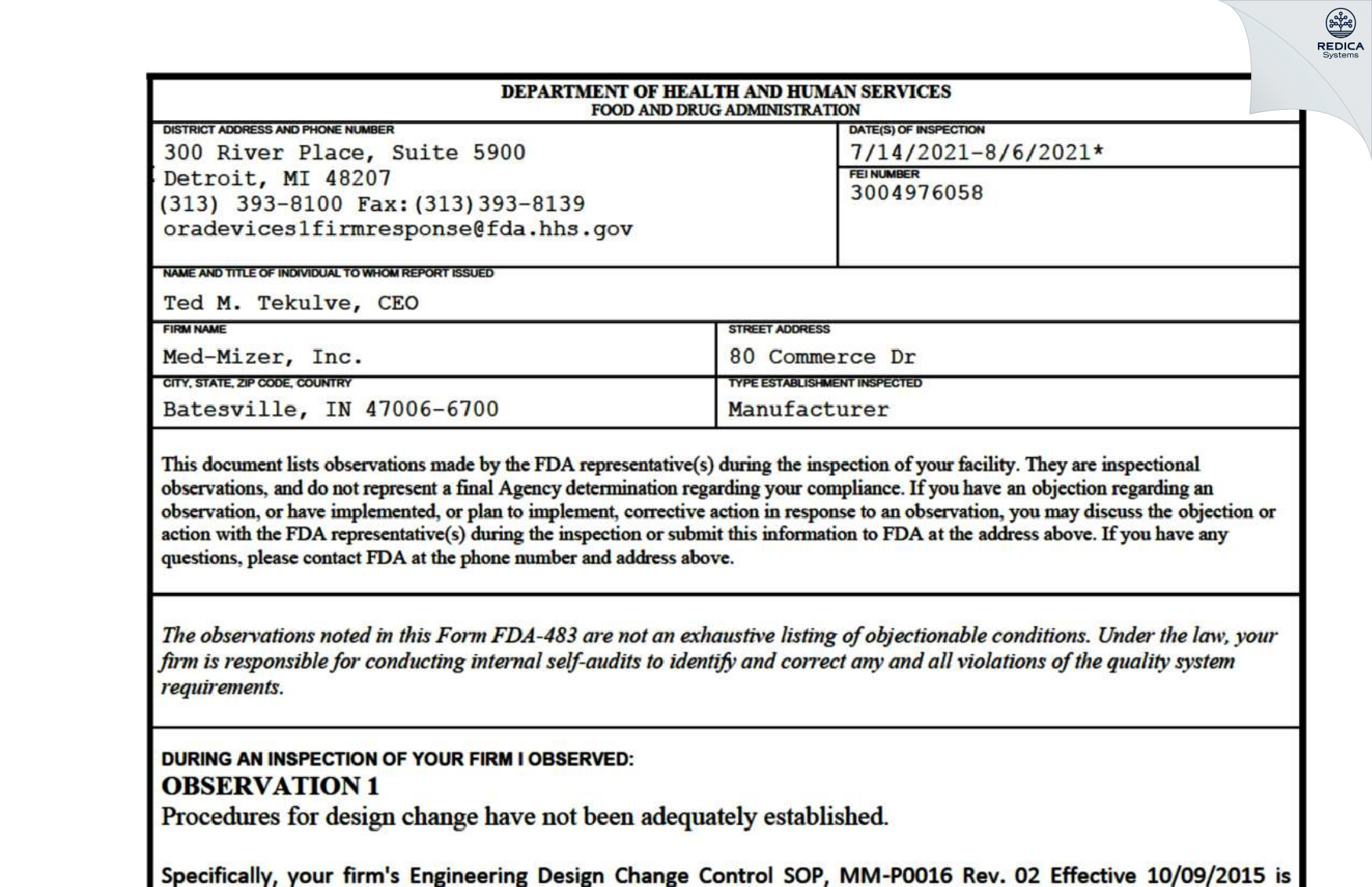 FDA 483 - Med-Mizer, Inc. [Batesville / United States of America] - Download PDF - Redica Systems
