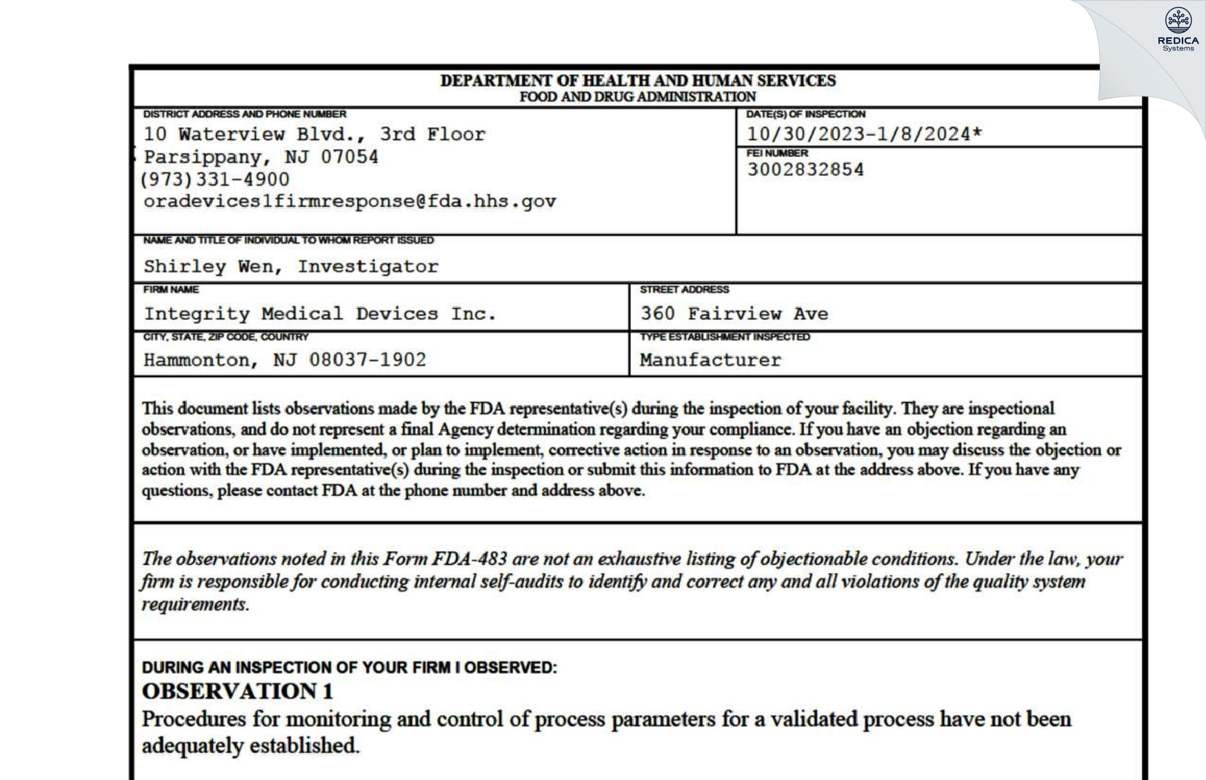 FDA 483 - INTEGRITY MEDICAL DEVICES INC [Hammonton / United States of America] - Download PDF - Redica Systems