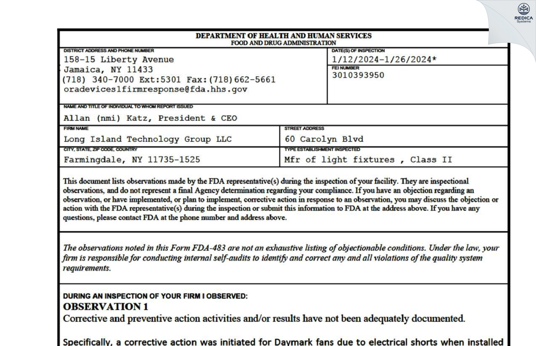 FDA 483 - Long Island Technology Group LLC [Farmingdale / United States of America] - Download PDF - Redica Systems