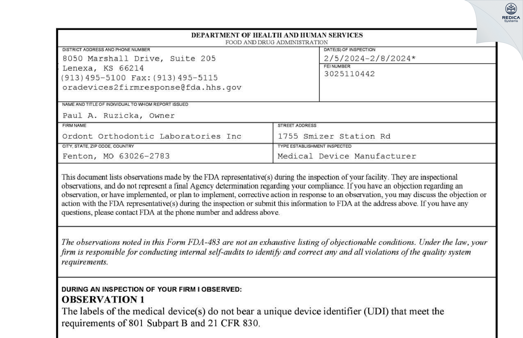 FDA 483 - Ordont Orthodontic Laboratories Inc [Fenton / United States of America] - Download PDF - Redica Systems