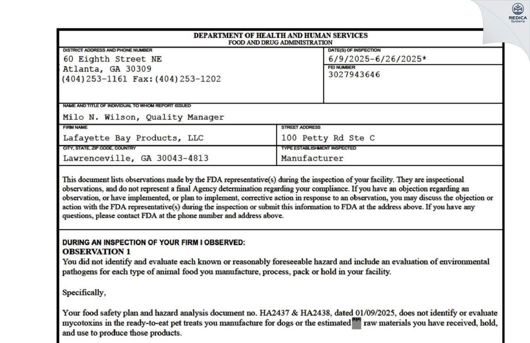 FDA 483 - Lafayette Bay Products, LLC [Lawrenceville / United States of America] - Download PDF - Redica Systems