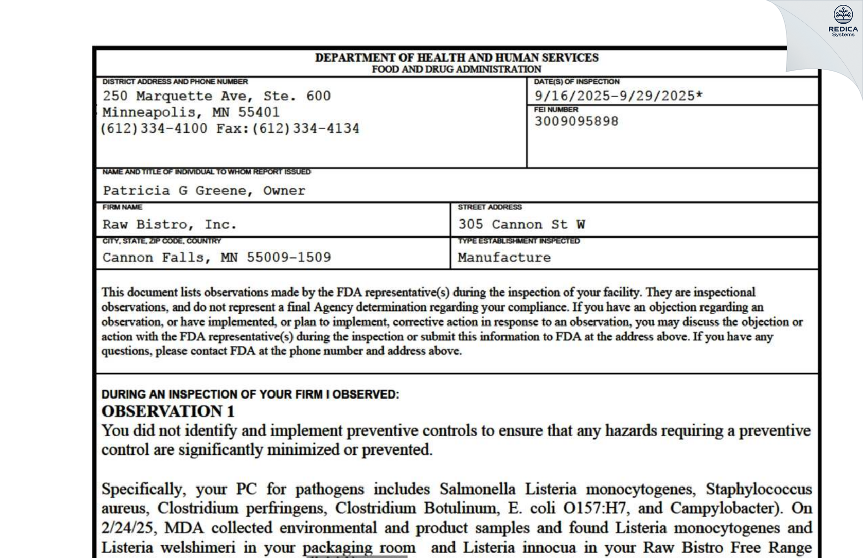FDA 483 - Raw Bistro, Inc. [Cannon Falls / United States of America] - Download PDF - Redica Systems