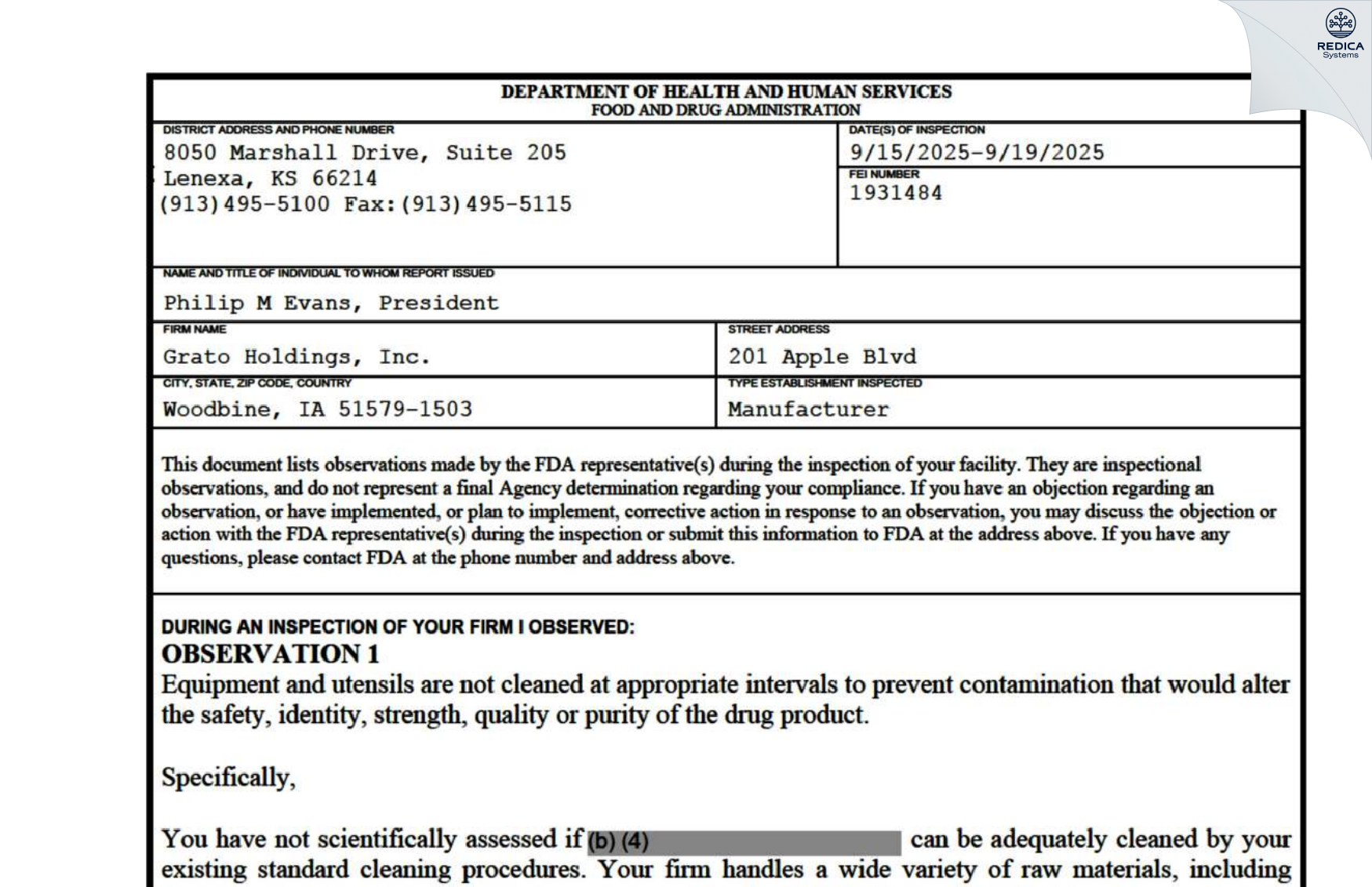 FDA 483 - Apotheca Company [Woodbine / United States of America] - Download PDF - Redica Systems