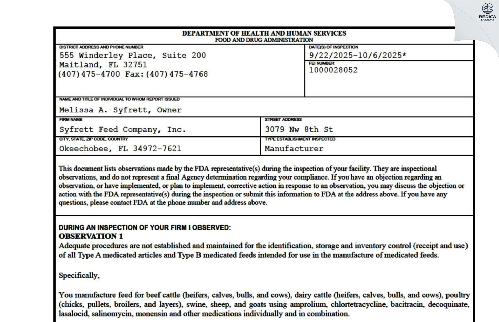 FDA 483 - Syfrett Feed Company, Inc. [Okeechobee / United States of America] - Download PDF - Redica Systems