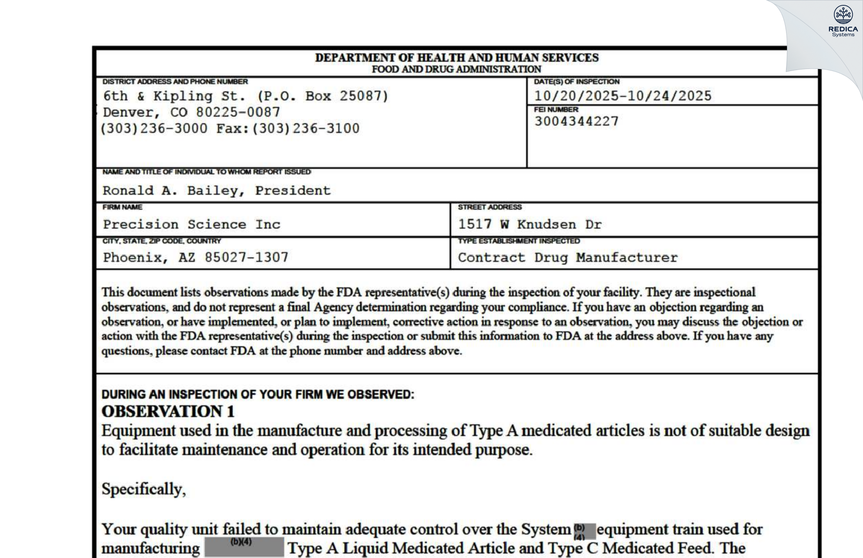 FDA 483 - Precision Science, Inc. [Phoenix / United States of America] - Download PDF - Redica Systems