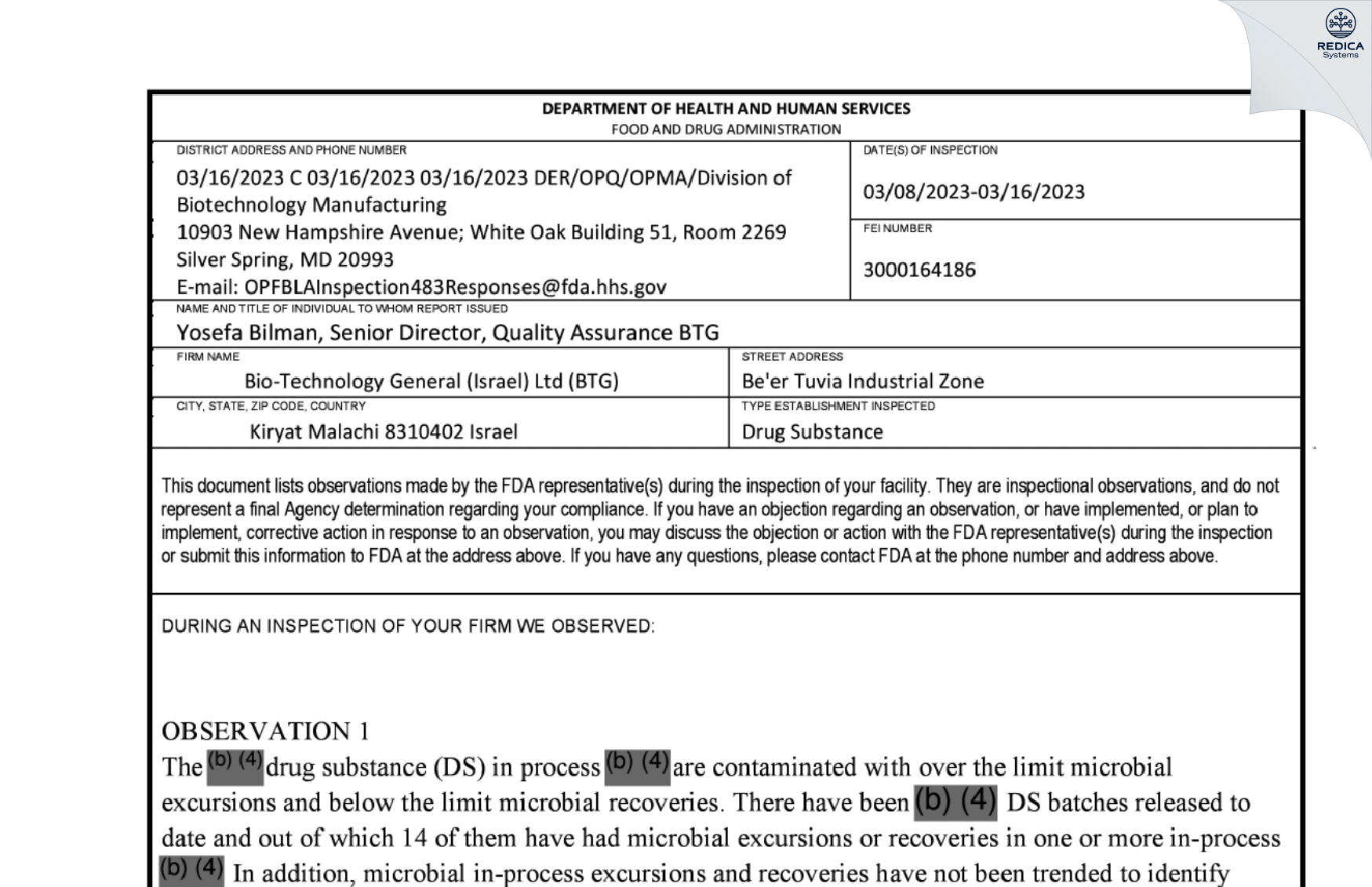 FDA 483 - Bio-Technology General (Israel) Ltd. [Kiryat Malachi / Israel] - Download PDF - Redica Systems