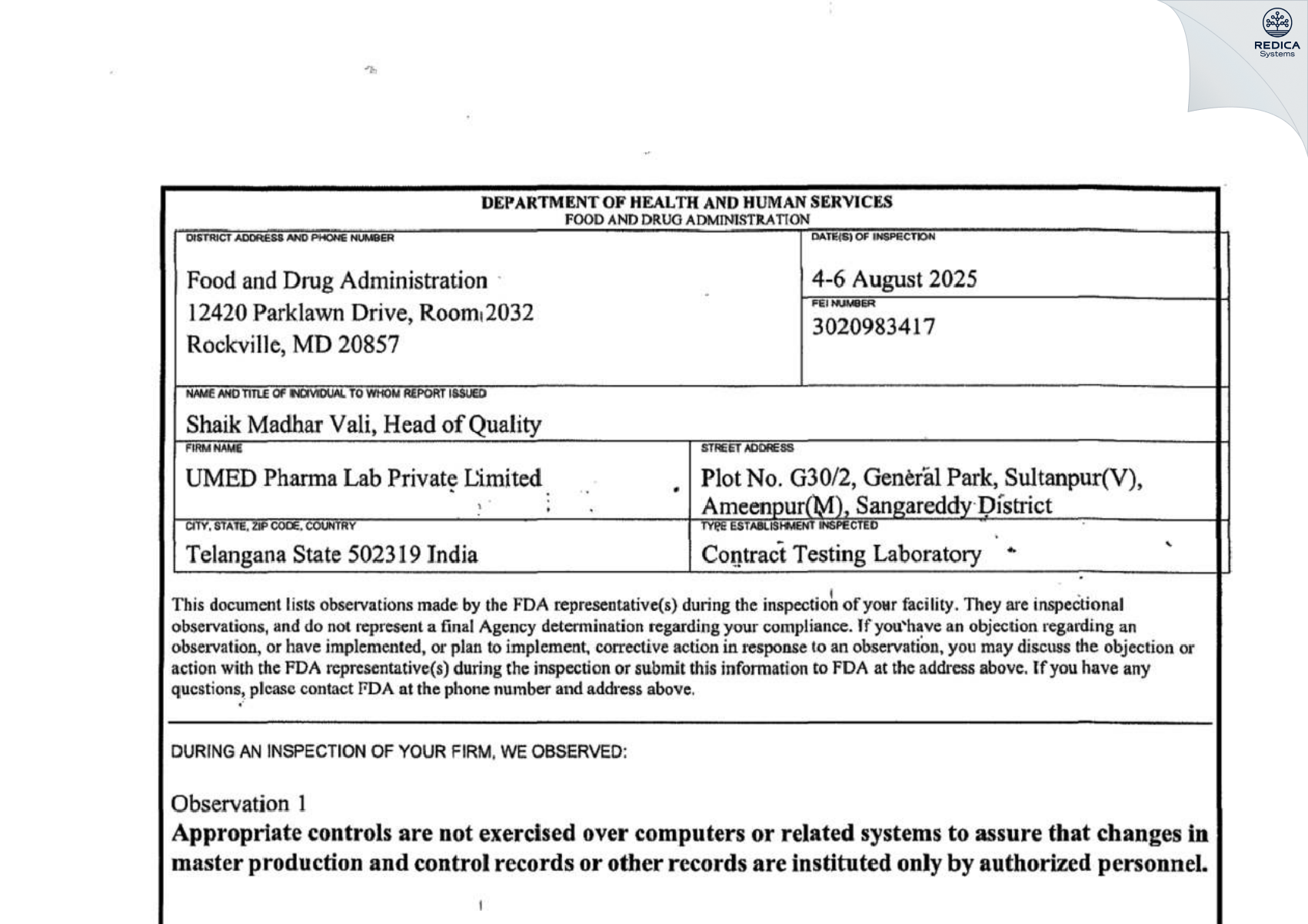 FDA 483 - UMED PHARMA LAB PRIVATE LIMITED [Hyderabad / India] - Download PDF - Redica Systems