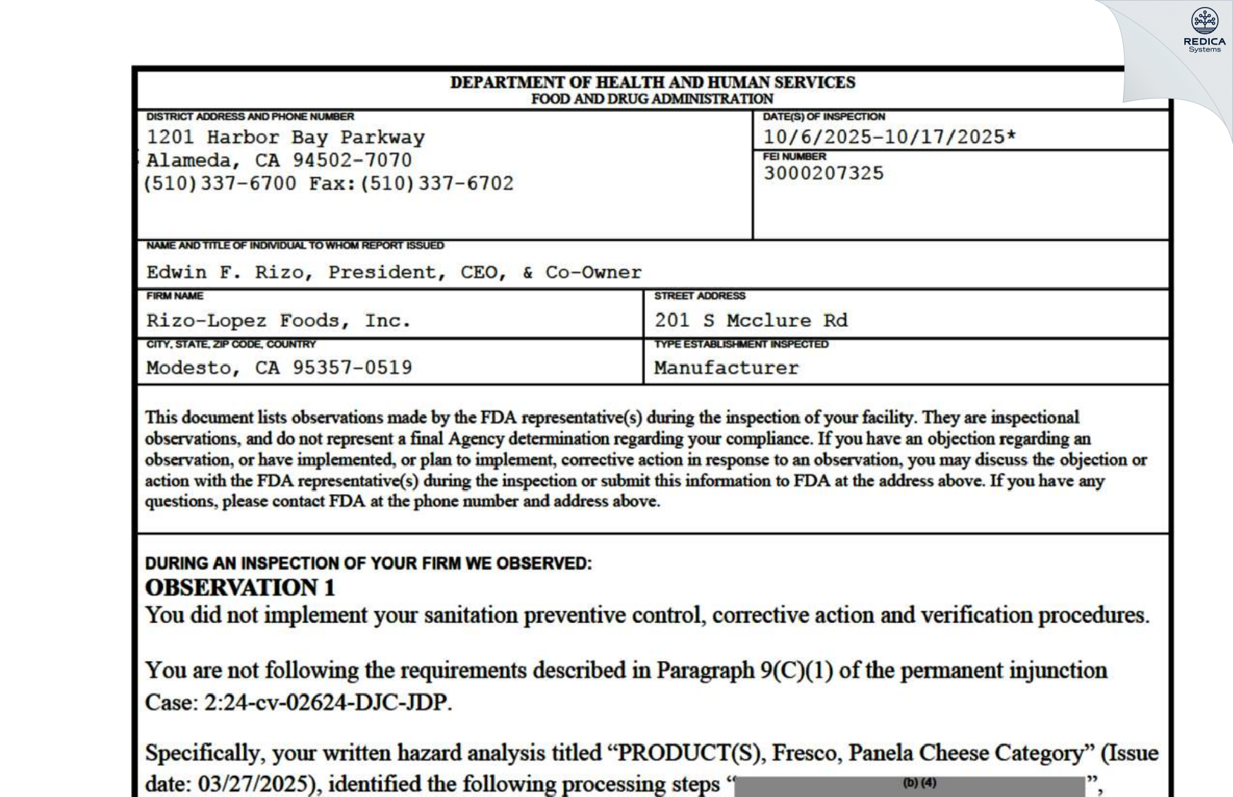 FDA 483 - Rizo-Lopez Foods, Inc. [Modesto / United States of America] - Download PDF - Redica Systems