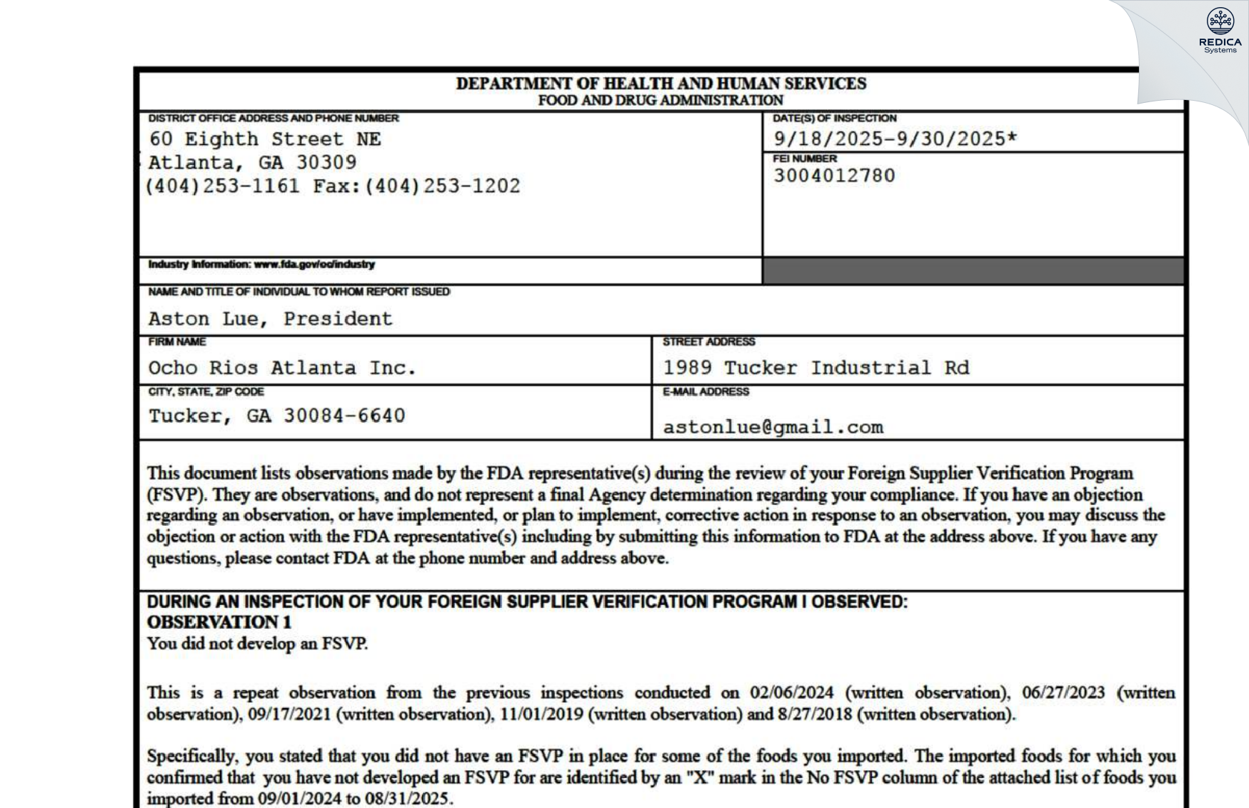 FDA 483 - Ocho Rios Atlanta Inc. [Tucker / United States of America] - Download PDF - Redica Systems