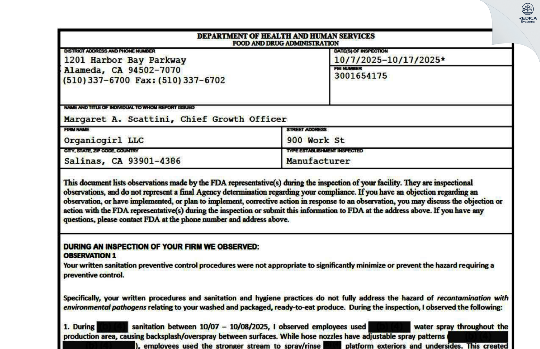 FDA 483 - Organicgirl LLC [Salinas / United States of America] - Download PDF - Redica Systems