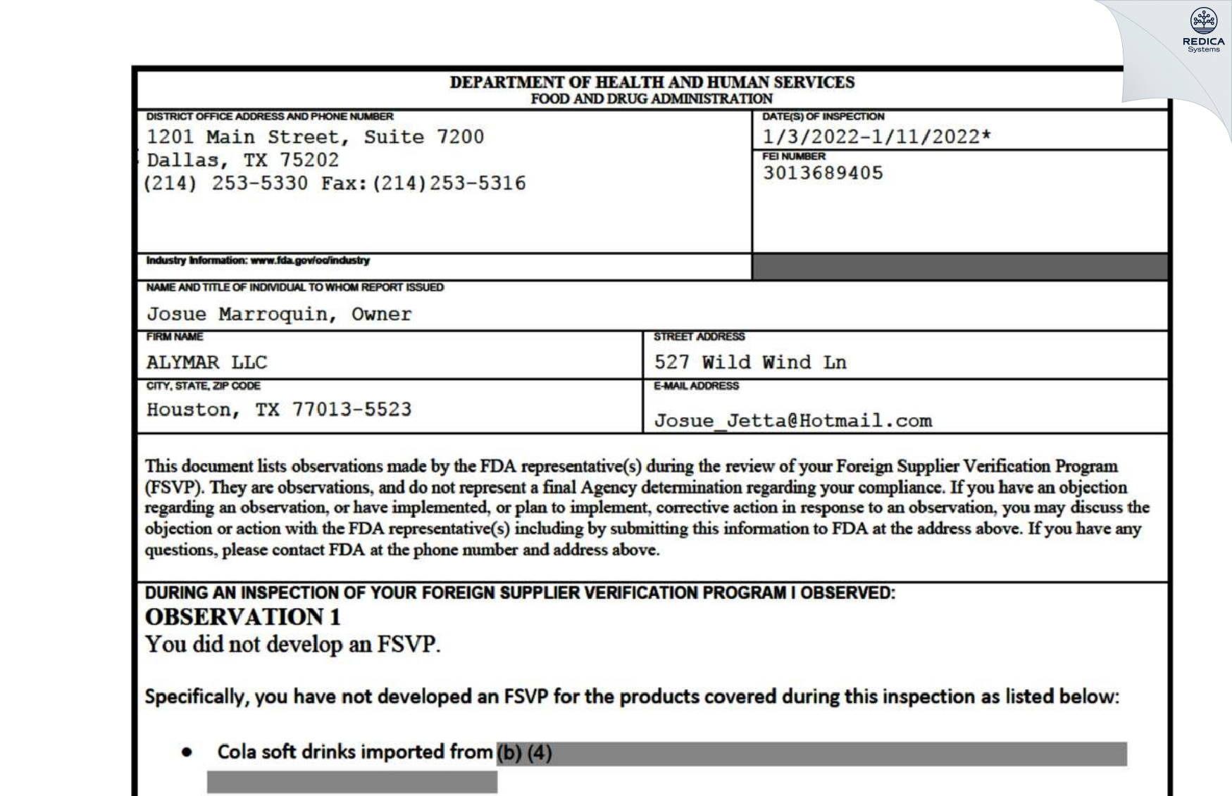 FDA 483 - Alymar LLC [Houston / United States of America] - Download PDF - Redica Systems