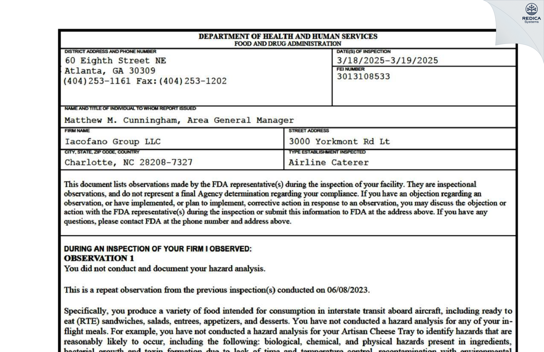 FDA 483 - Iacofano's Group LLC [Charlotte / United States of America] - Download PDF - Redica Systems