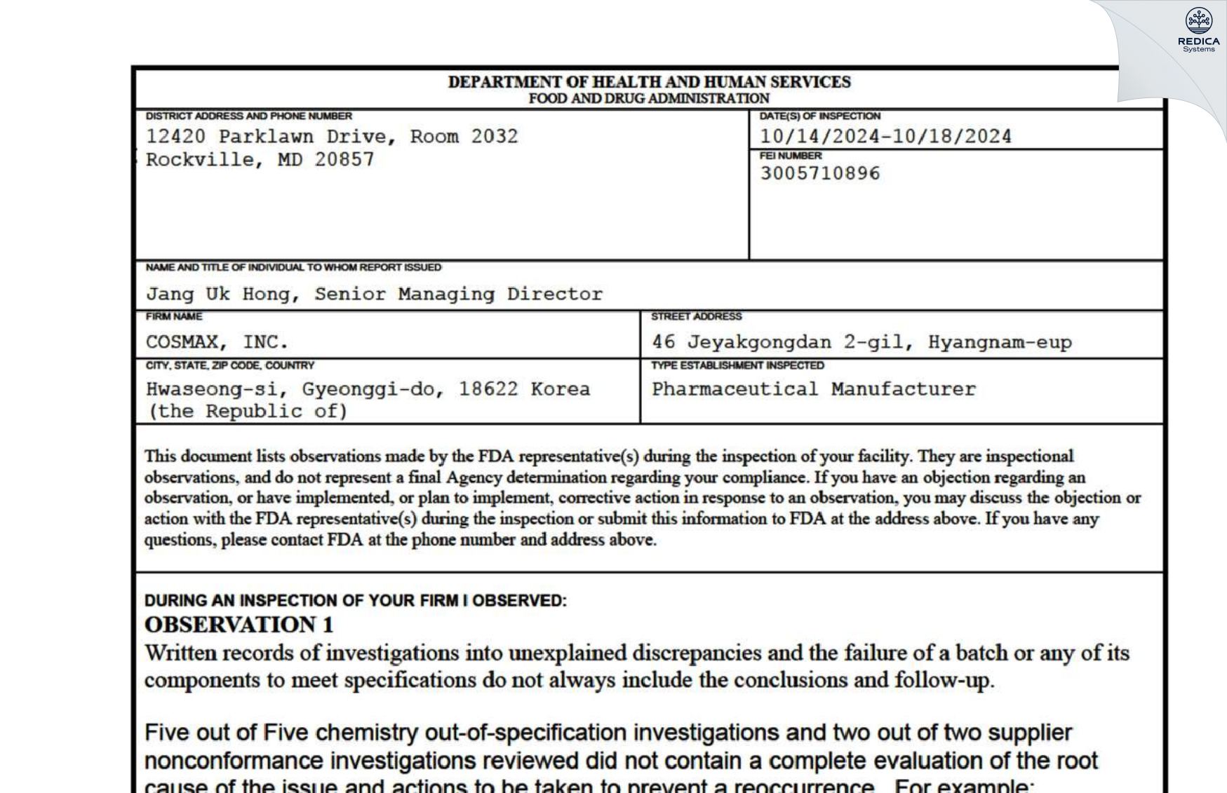 FDA 483 - Cosmax, Inc. [Hyangnam-Eup / Korea (Republic of)] - Download PDF - Redica Systems