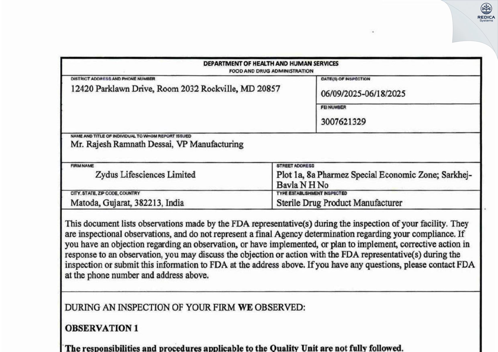 FDA 483 - Zydus Lifesciences Limited [Sanand / India] - Download PDF - Redica Systems