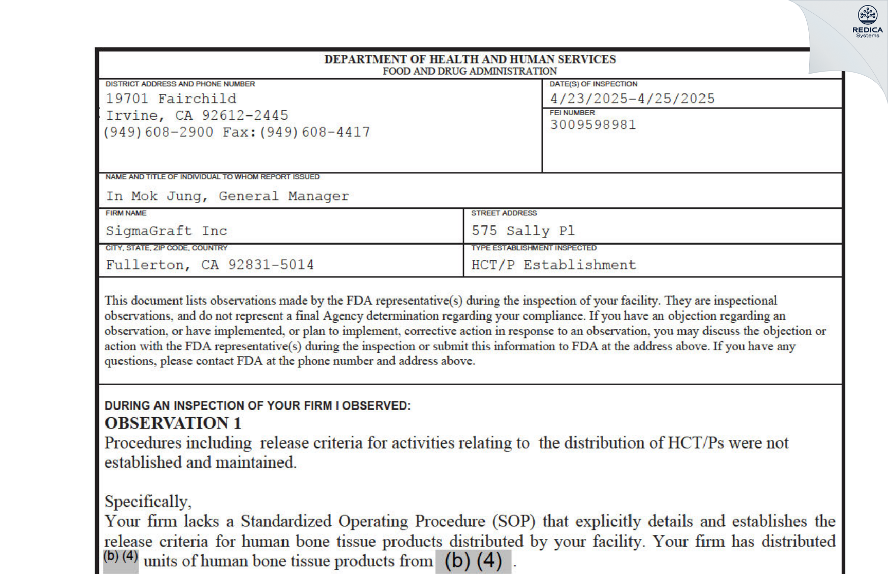 FDA 483 - SigmaGraft Inc [Fullerton / United States of America] - Download PDF - Redica Systems