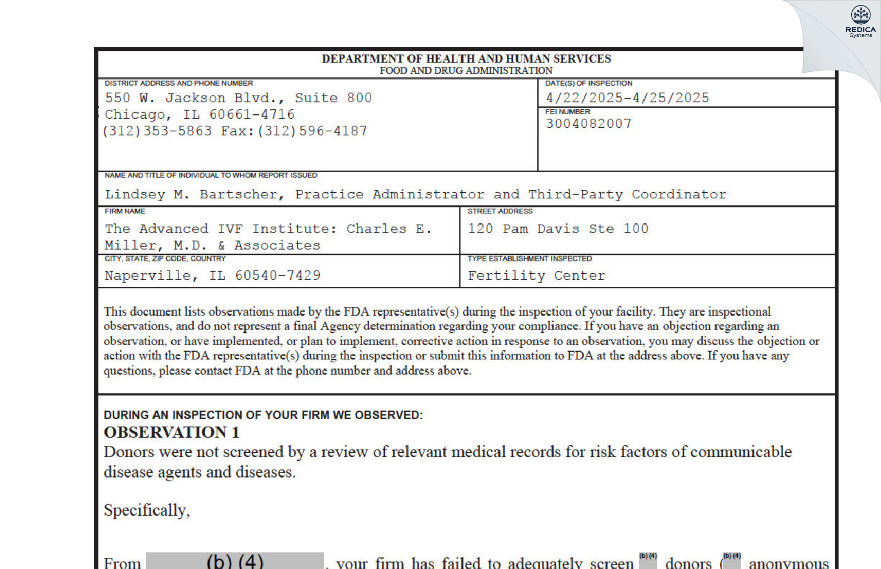 FDA 483 - The Advanced IVF Institute: Charles E. Miller, M.D. & Associates [Naperville / United States of America] - Download PDF - Redica Systems