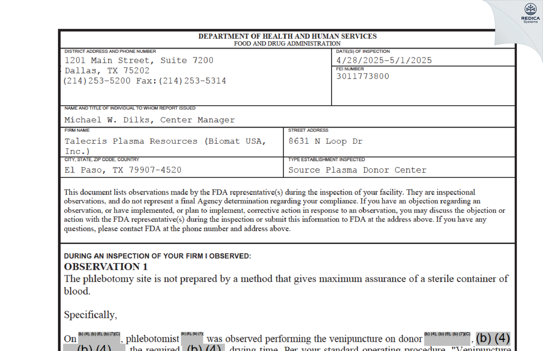 FDA 483 - Talecris Plasma Resources (Biomat USA, Inc.) [El Paso / United States of America] - Download PDF - Redica Systems