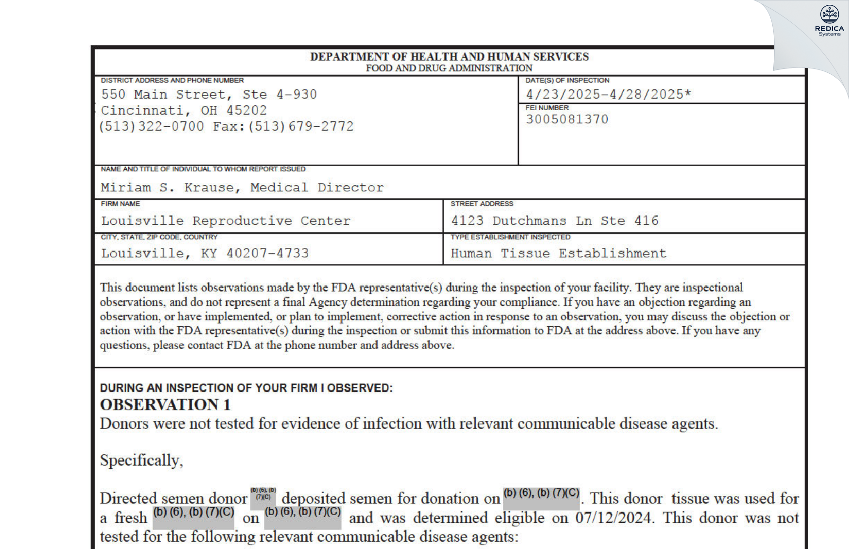 FDA 483 - Louisville Reproductive Center [Louisville / United States of America] - Download PDF - Redica Systems