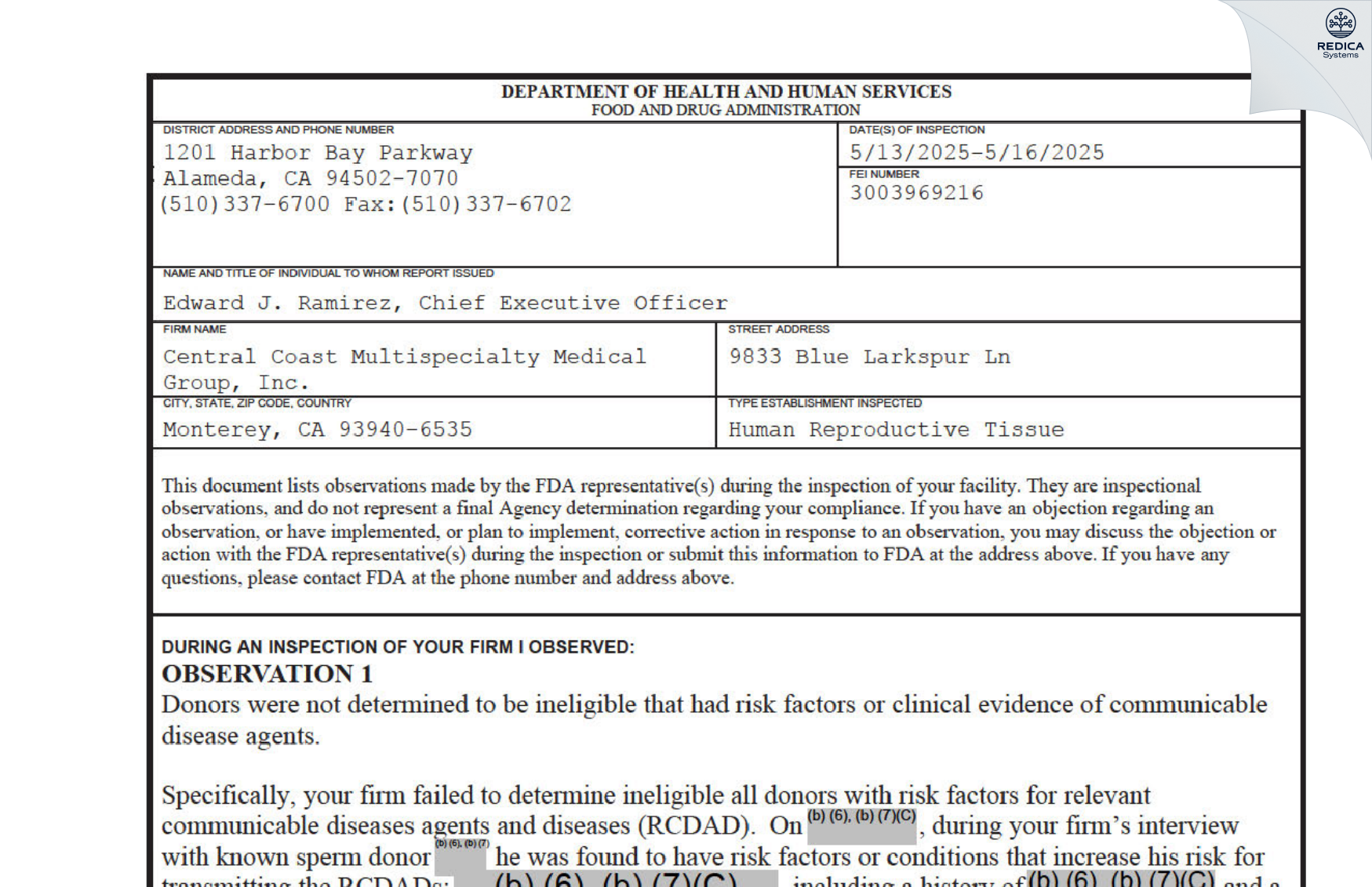 FDA 483 - Central Coast Multispecialty Medical Group, Inc. [Monterey / United States of America] - Download PDF - Redica Systems