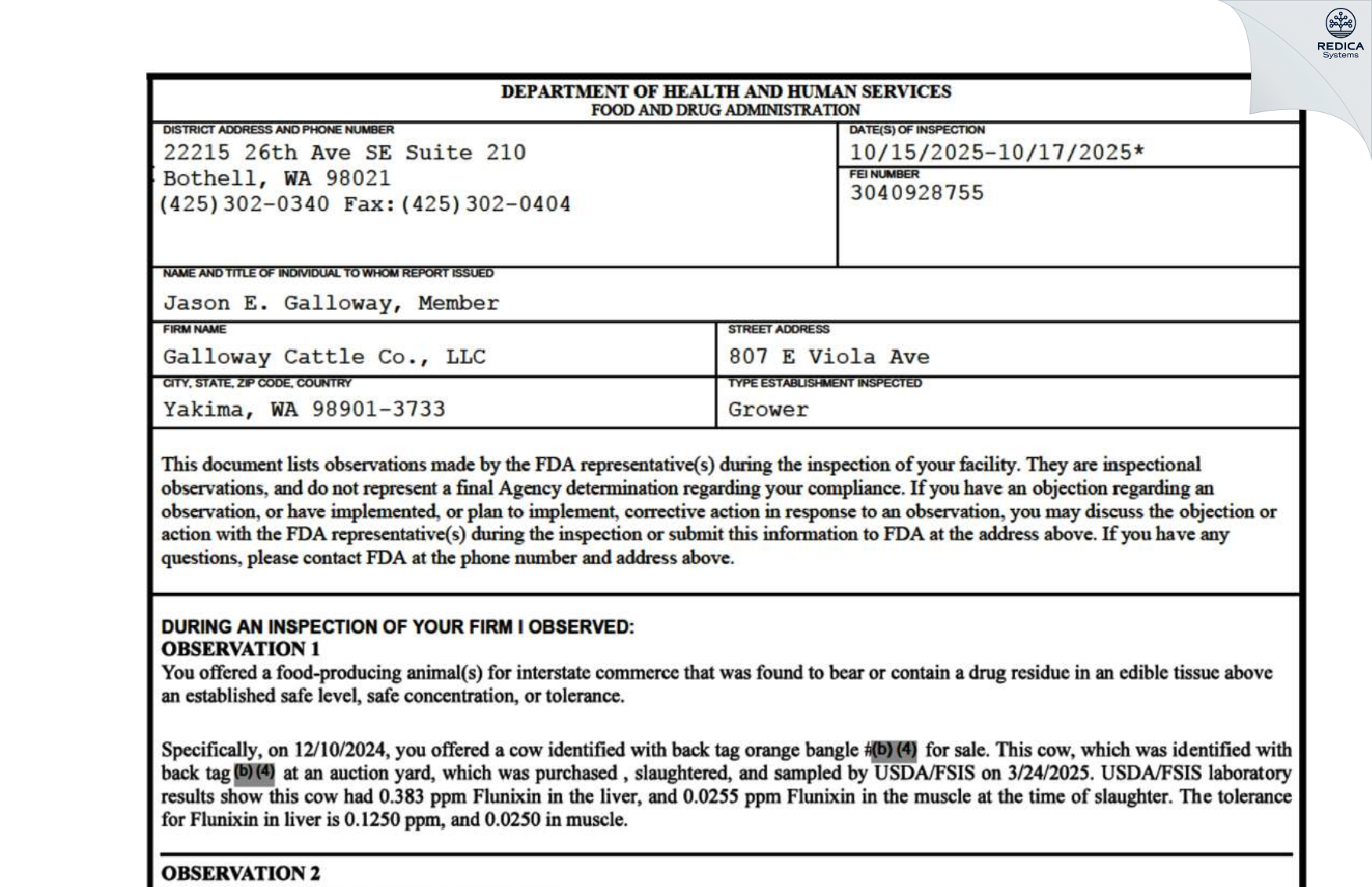FDA 483 - Galloway Cattle Co., LLC [Yakima / United States of America] - Download PDF - Redica Systems