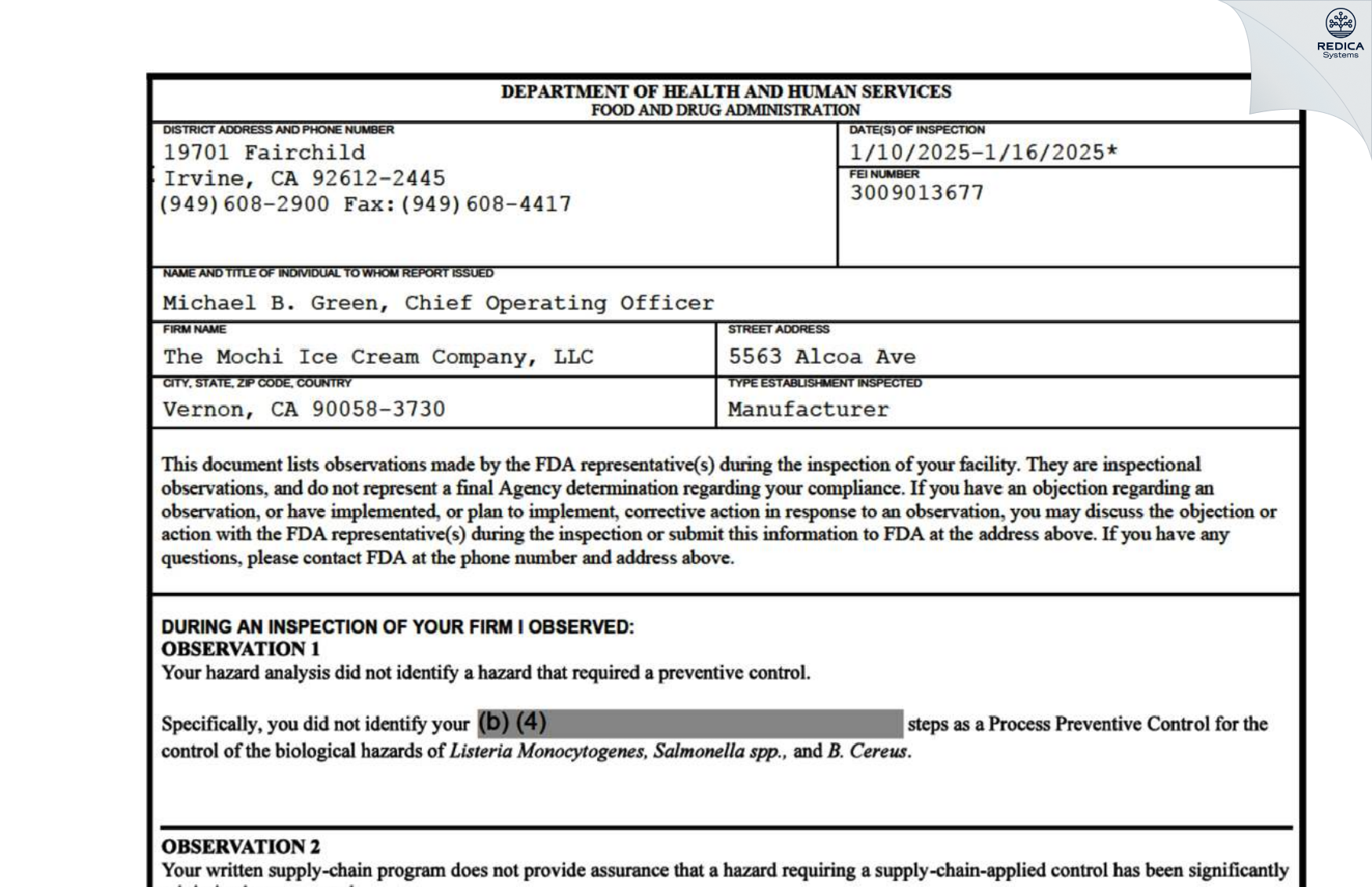 FDA 483 - The Mochi Ice Cream Company [Vernon / United States of America] - Download PDF - Redica Systems
