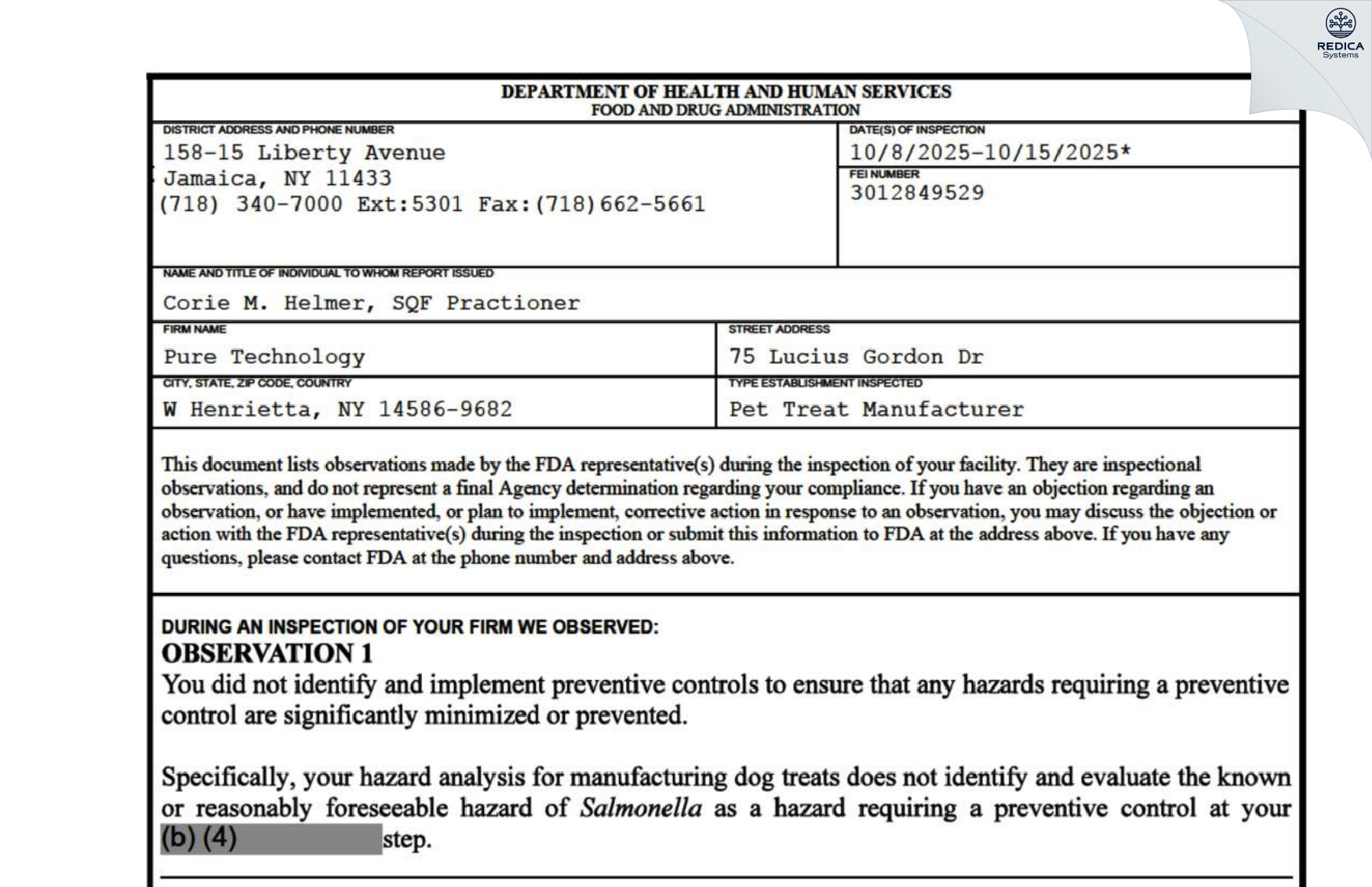 FDA 483 - Pure Technology [West Henrietta / United States of America] - Download PDF - Redica Systems