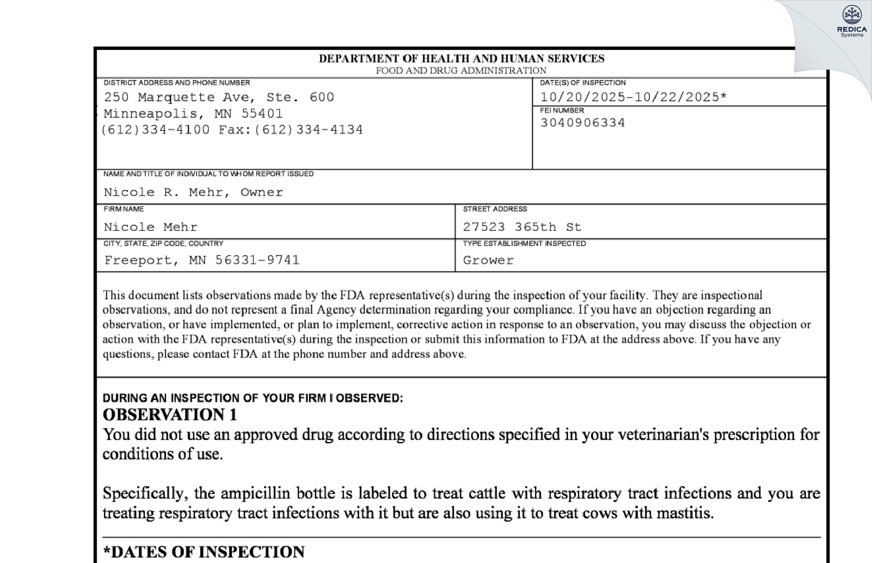 FDA 483 - Nicole Mehr [Freeport / United States of America] - Download PDF - Redica Systems