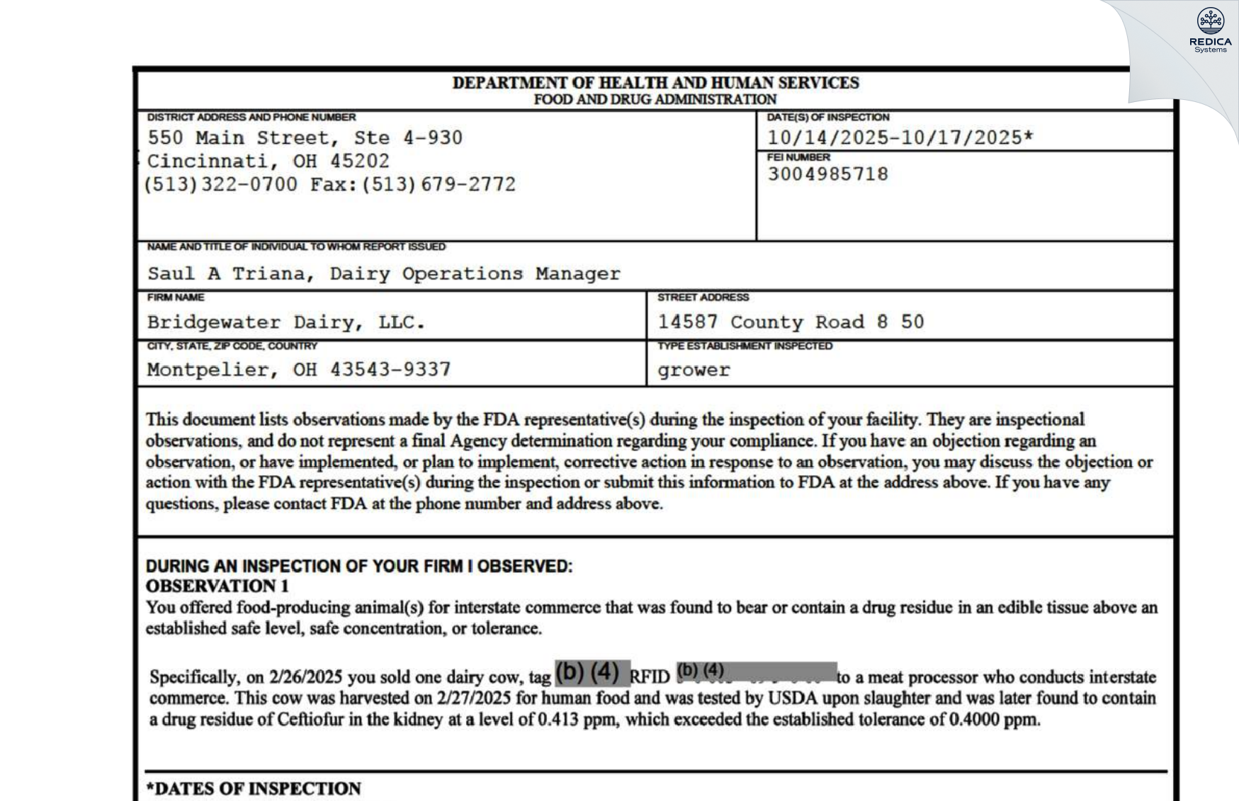 FDA 483 - Bridgewater Dairy LLC. [Montpelier / United States of America] - Download PDF - Redica Systems