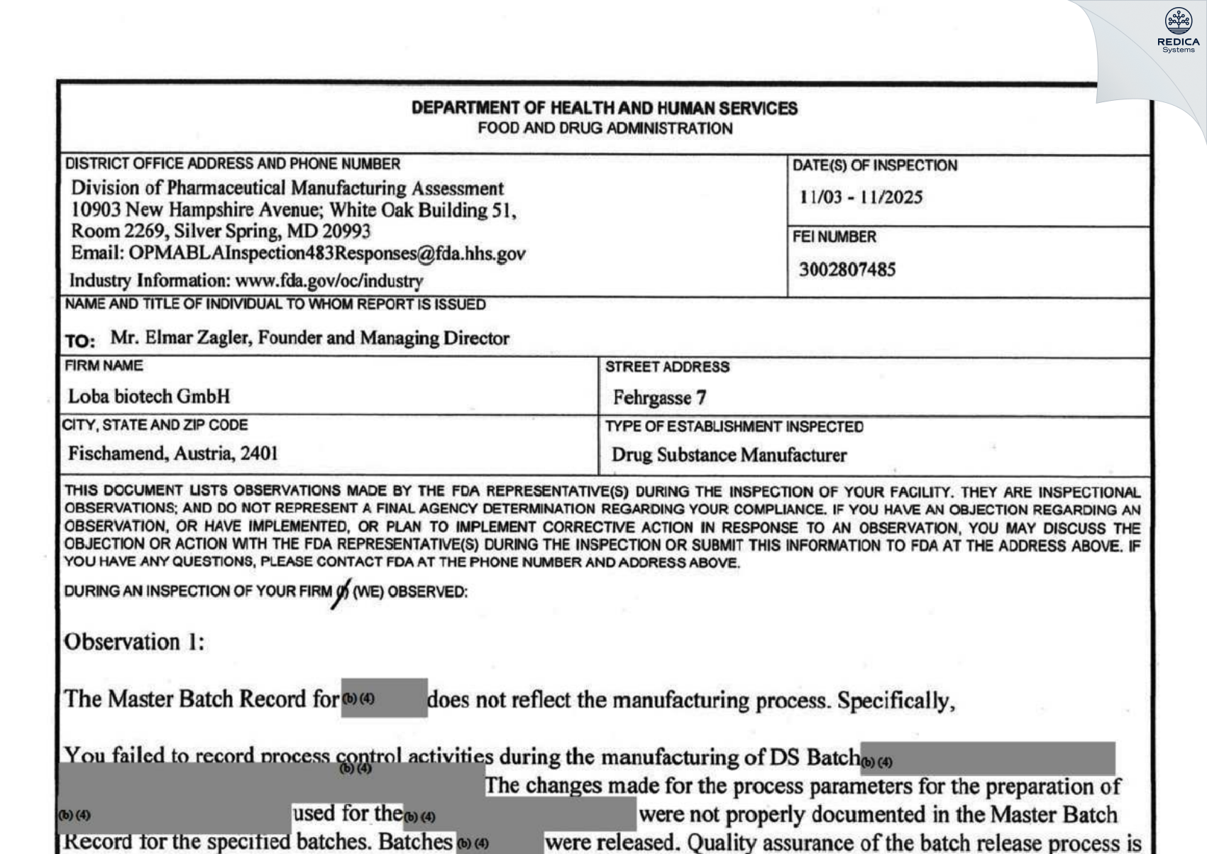 FDA 483 - LOBA biotech Gmbh [Fischamend / Austria] - Download PDF - Redica Systems