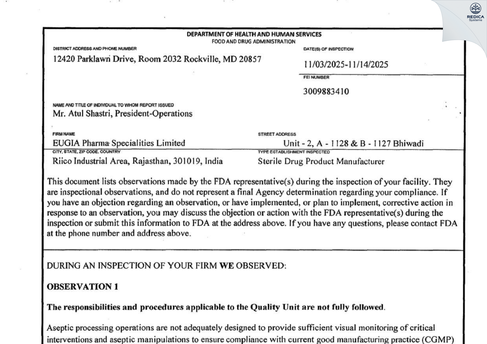 FDA 483 - EUGIA PHARMA SPECIALITIES LIMITED [Bhiwadi / India] - Download PDF - Redica Systems