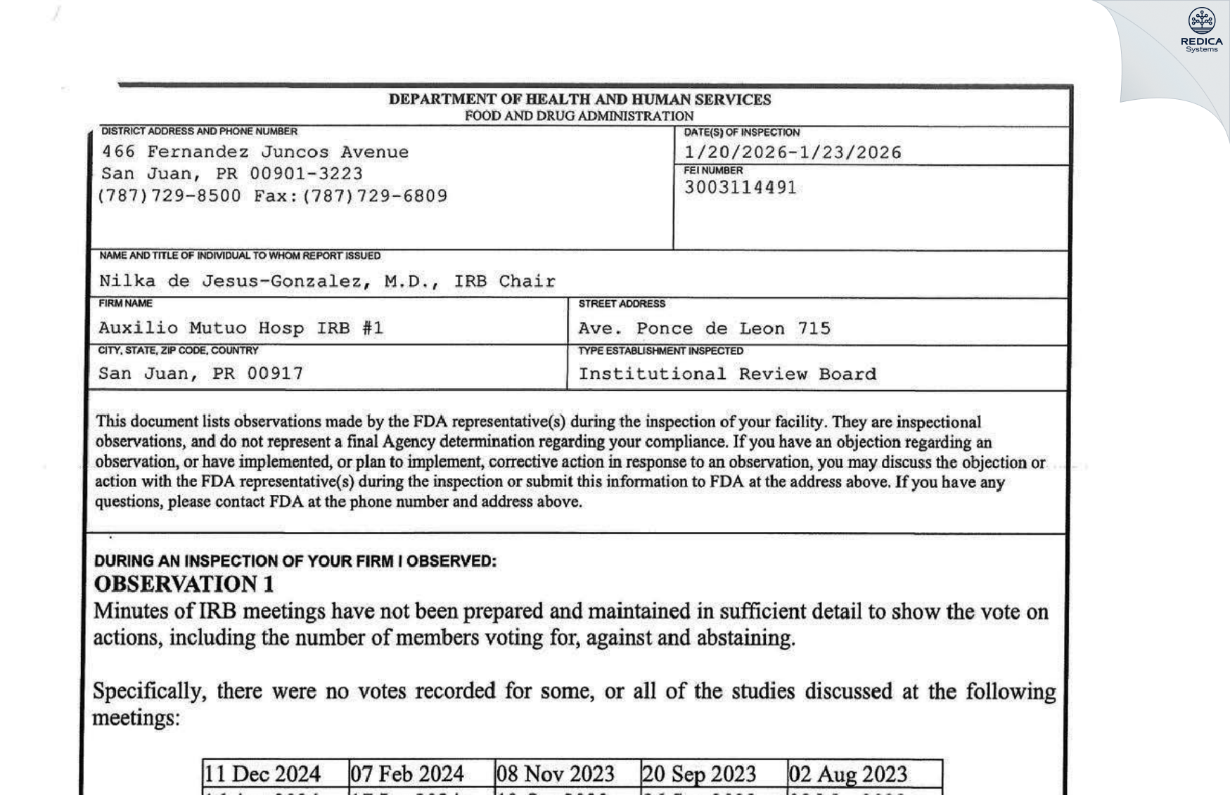 FDA 483 - Hospital Espanol Auxilio Mutuo de Puerto Rico, Inc. IRB [Hato Rey Central / Puerto Rico] - Download PDF - Redica Systems