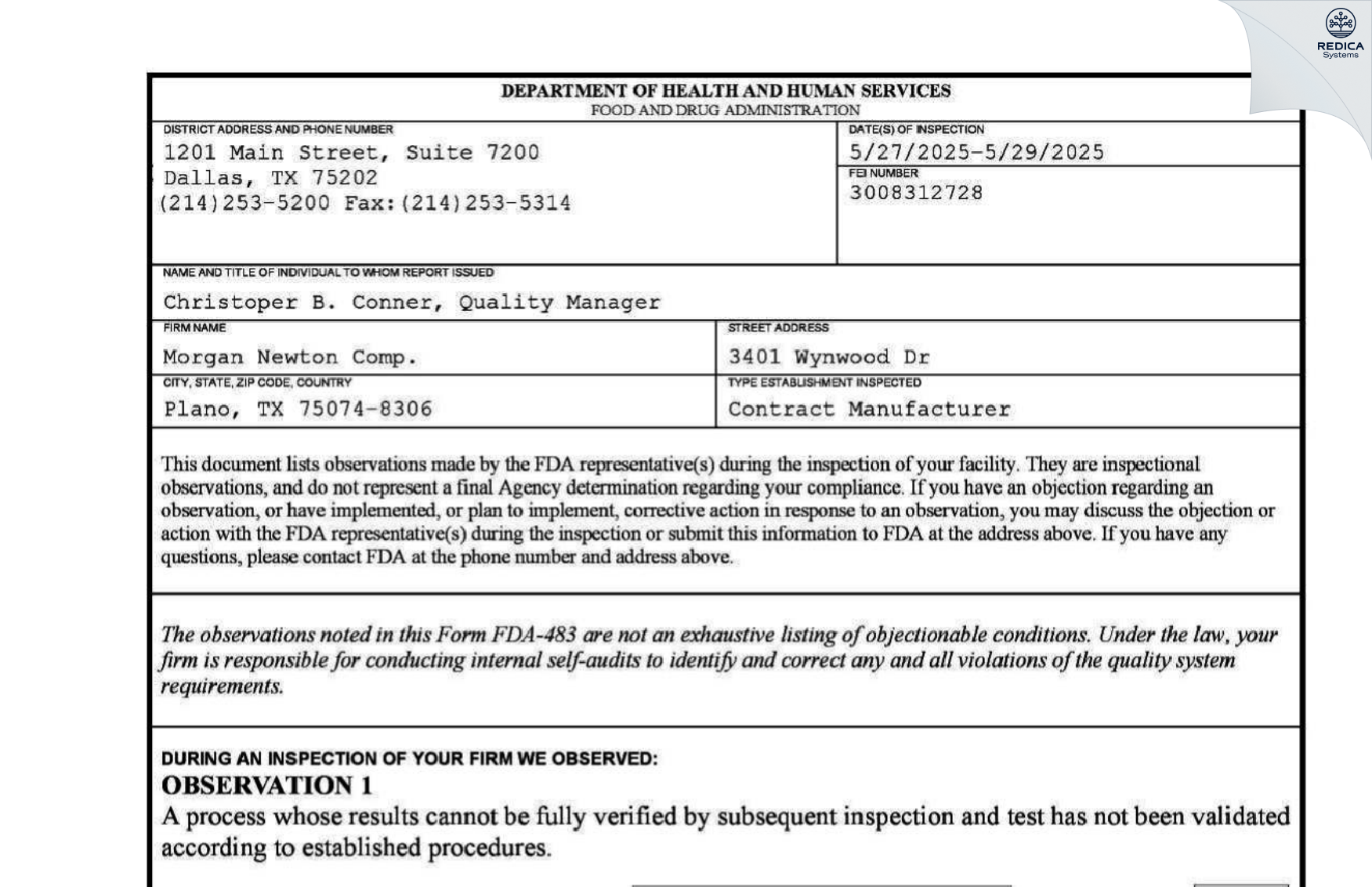 FDA 483 - Morgan Newton Comp. [Plano / United States of America] - Download PDF - Redica Systems